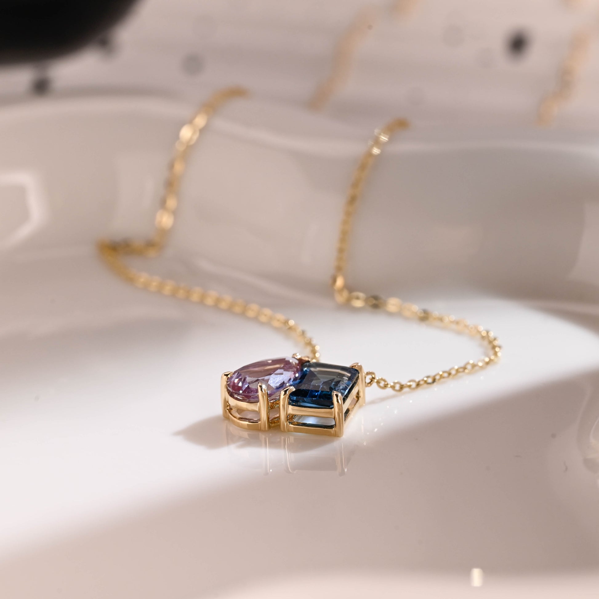 Solid Gold Emerald Cut Blue Topaz & Pear Cut Alexandrite Pendant Necklace