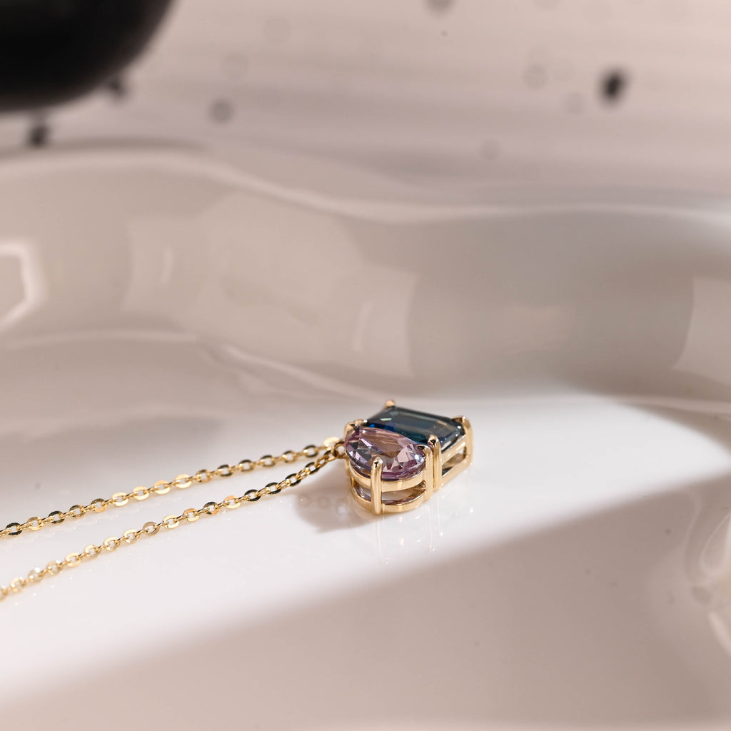Solid Gold Emerald Cut Blue Topaz & Pear Cut Alexandrite Pendant Necklace