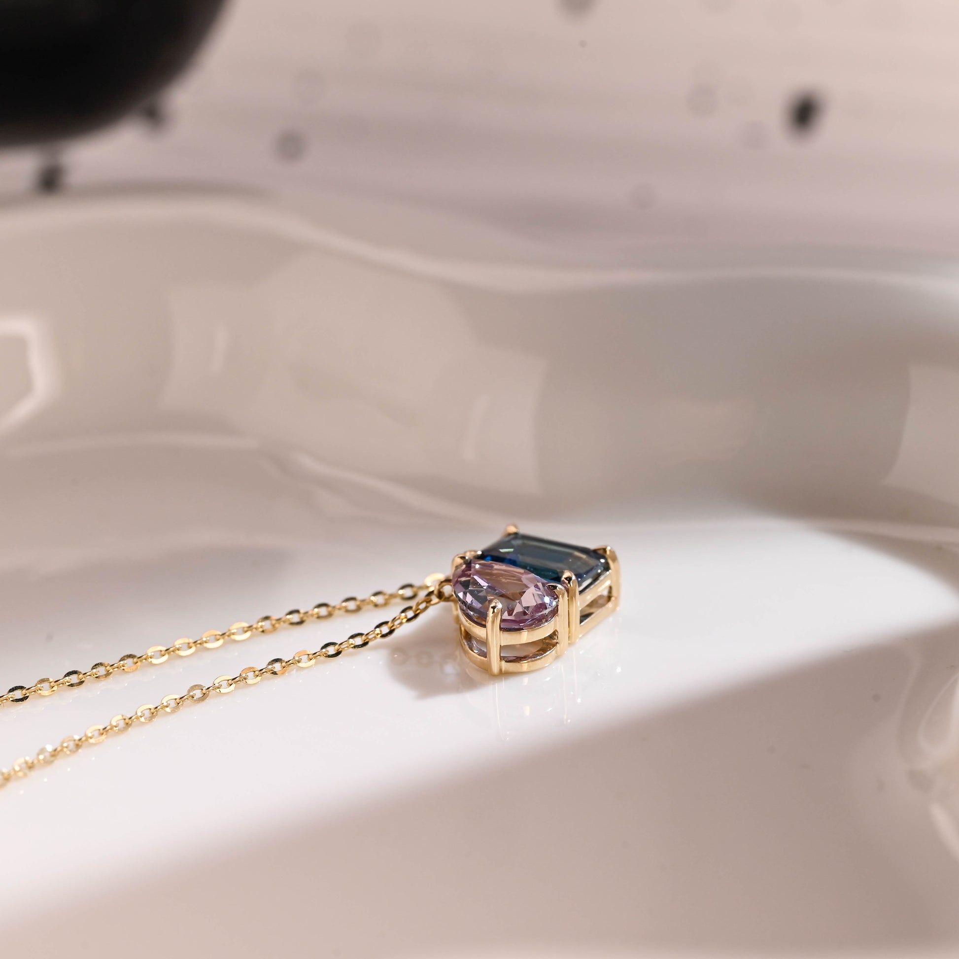 Solid Gold Emerald Cut Blue Topaz & Pear Cut Alexandrite Pendant Necklace