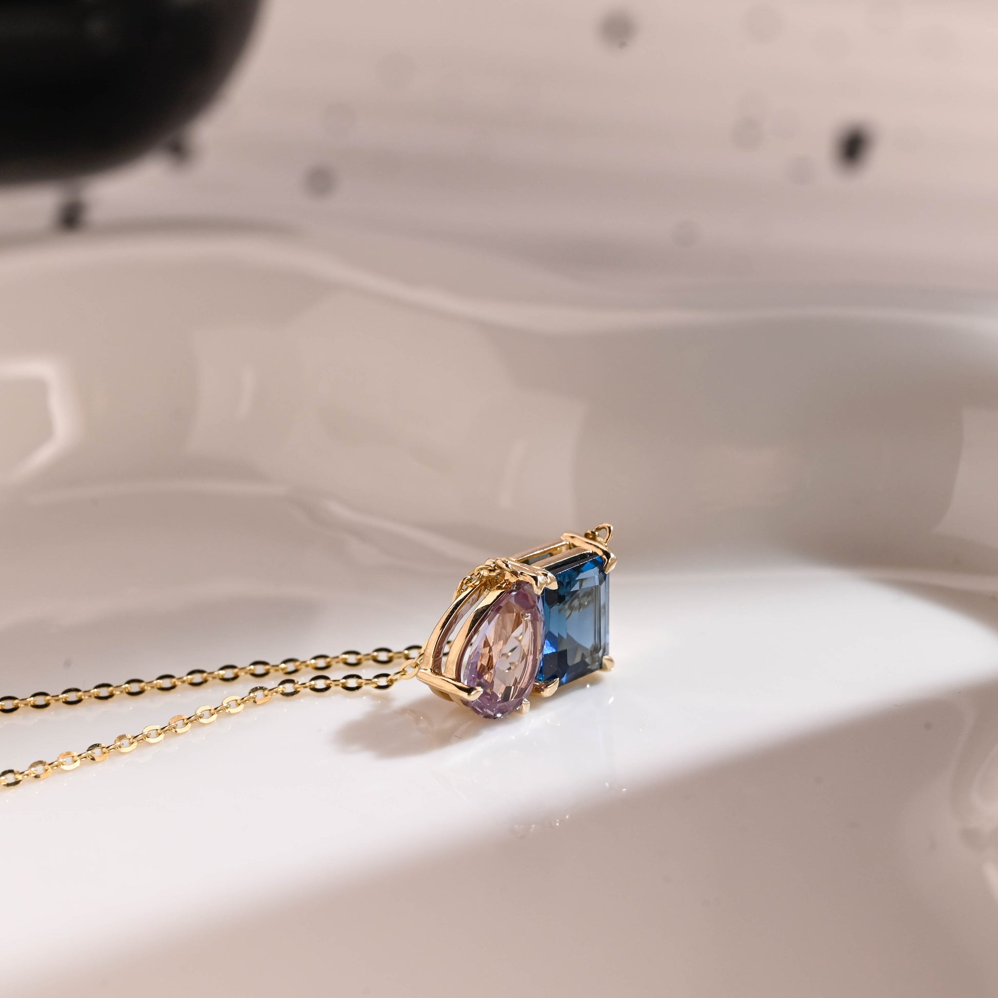Solid Gold Emerald Cut Blue Topaz & Pear Cut Alexandrite Pendant Necklace