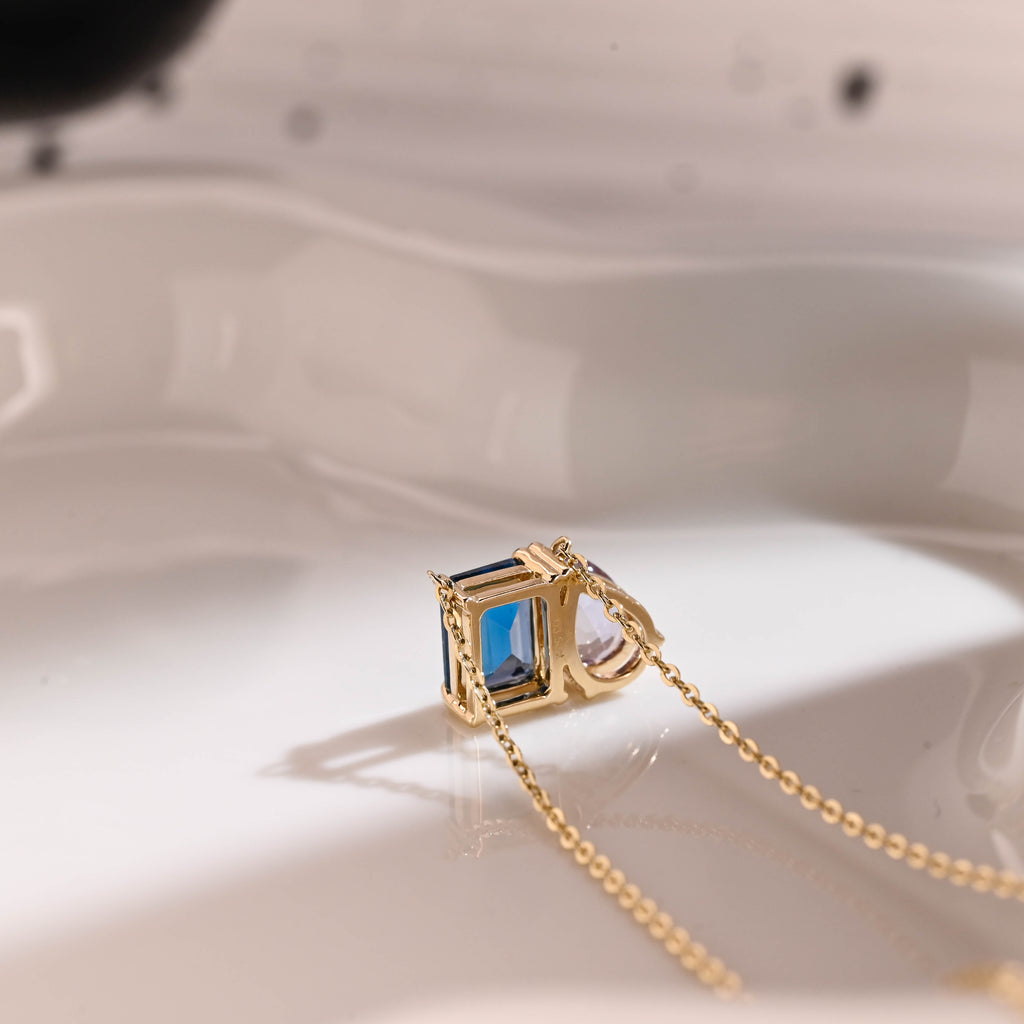 Solid Gold Emerald Cut Blue Topaz & Pear Cut Alexandrite Pendant Necklace