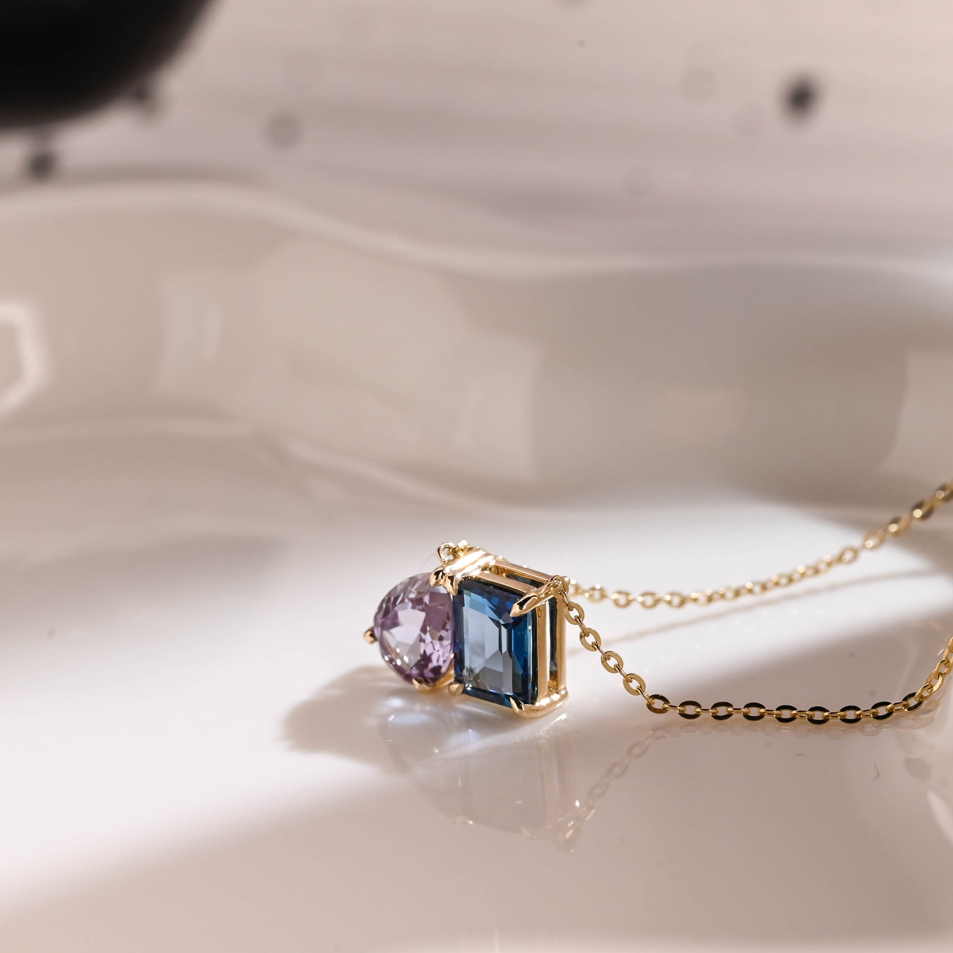 Solid Gold Emerald Cut Blue Topaz & Pear Cut Alexandrite Pendant Necklace