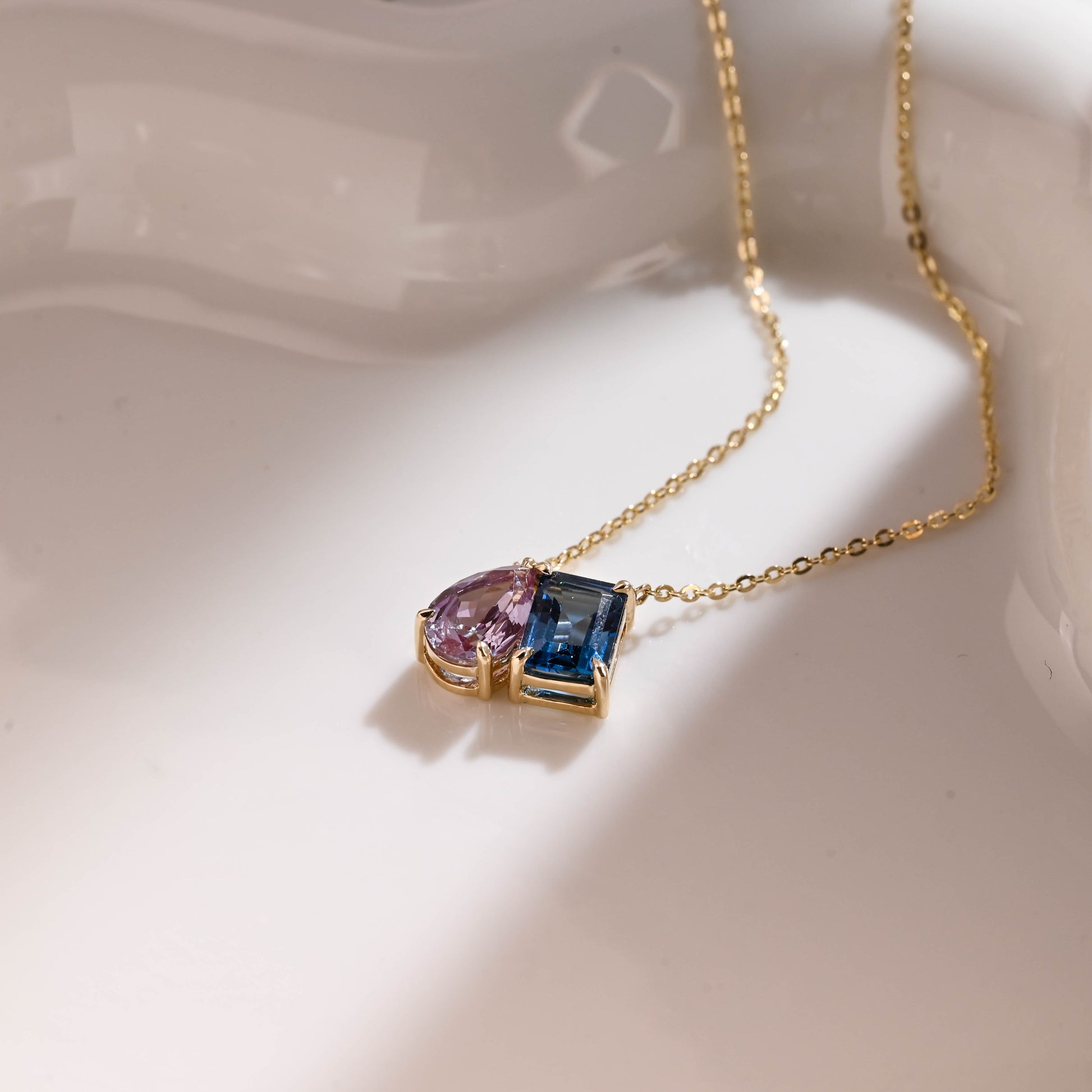 Solid Gold Emerald Cut Blue Topaz & Pear Cut Alexandrite Pendant Necklace