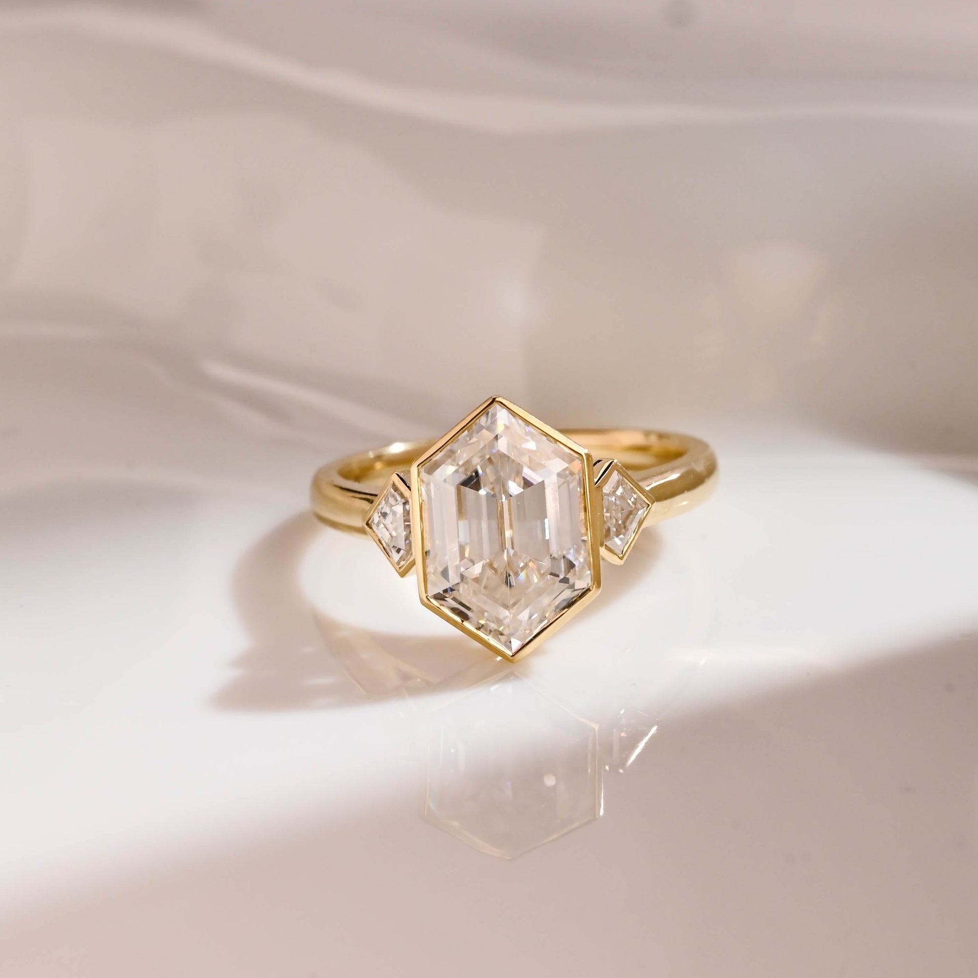 Solid Gold Three Stone Hexagon Cut Moissanite Engagement Ring