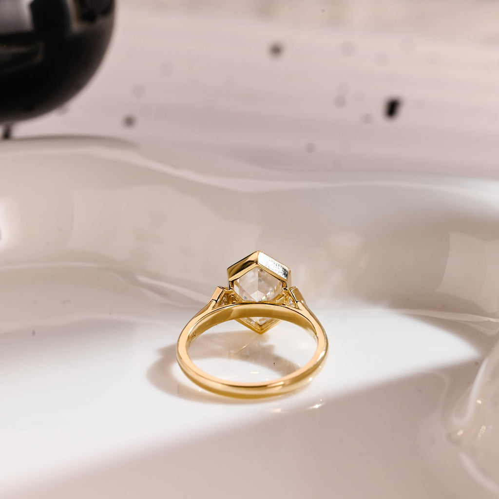 Solid Gold Three Stone Hexagon Cut Moissanite Engagement Ring