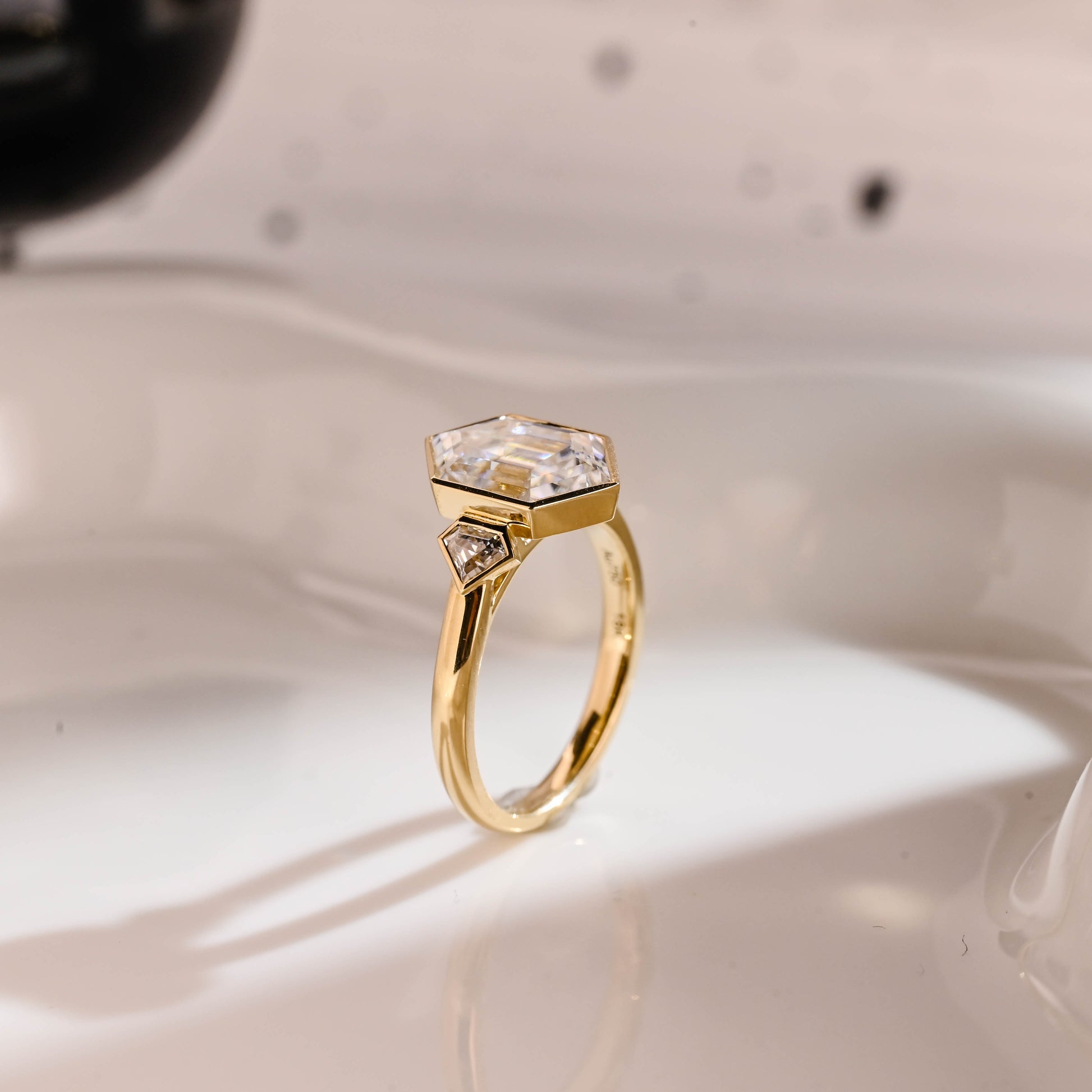 Solid Gold Three Stone Hexagon Cut Moissanite Engagement Ring