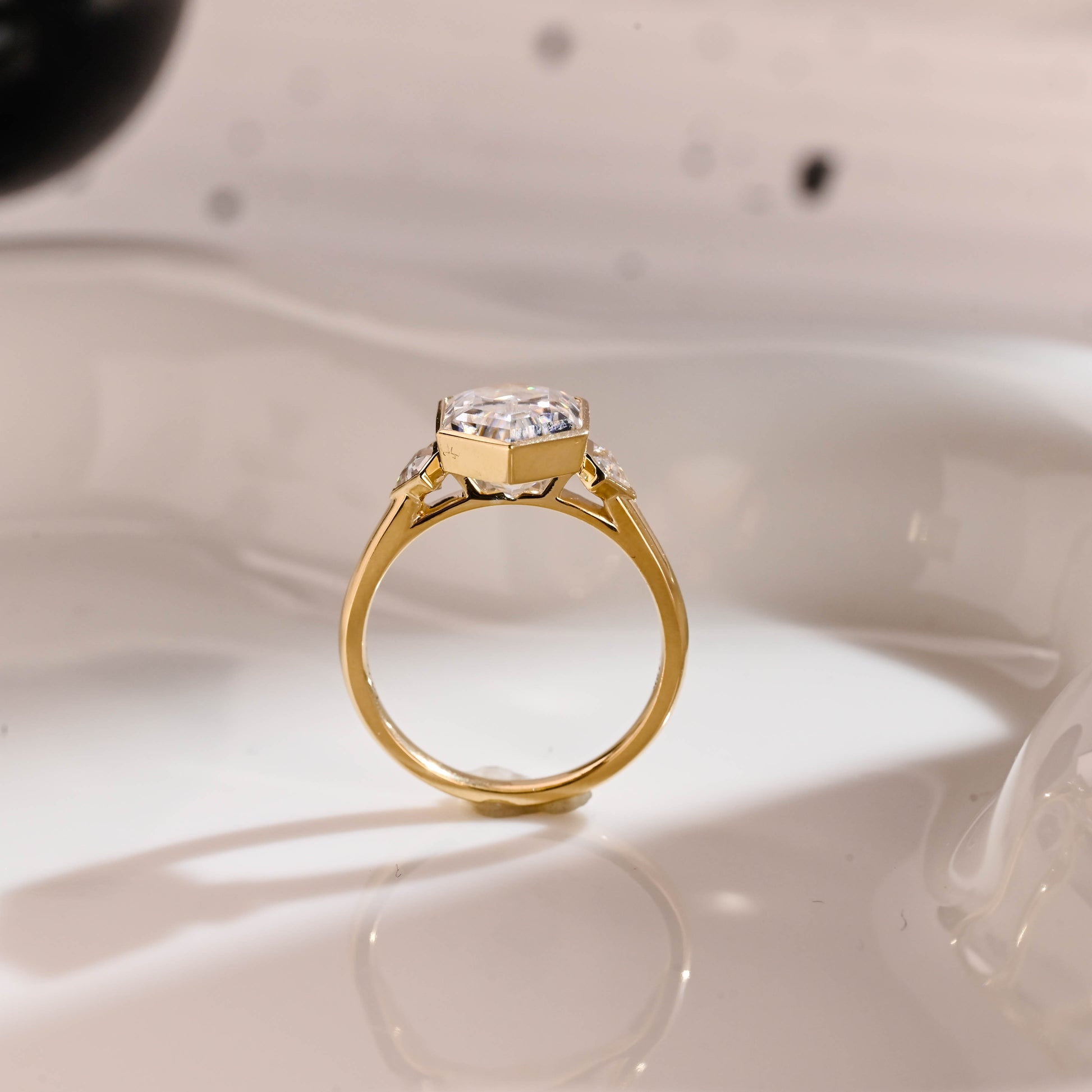 Solid Gold Three Stone Hexagon Cut Moissanite Engagement Ring