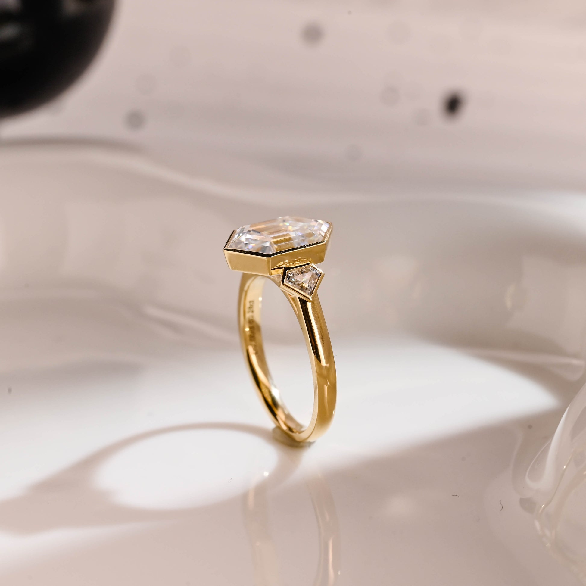 Solid Gold Three Stone Hexagon Cut Moissanite Engagement Ring
