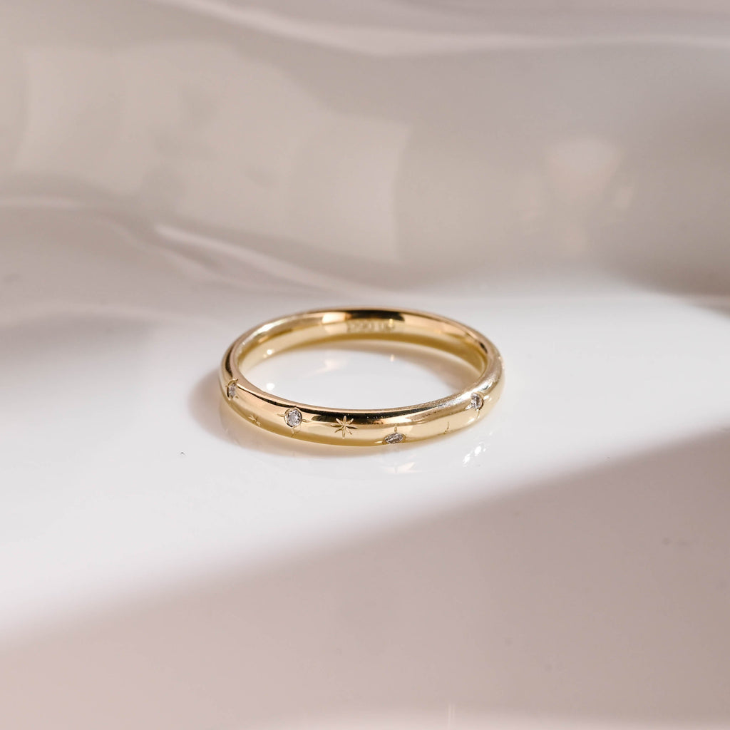 Solid Gold Star Engraved Round Cut Moissanite Wedding Band