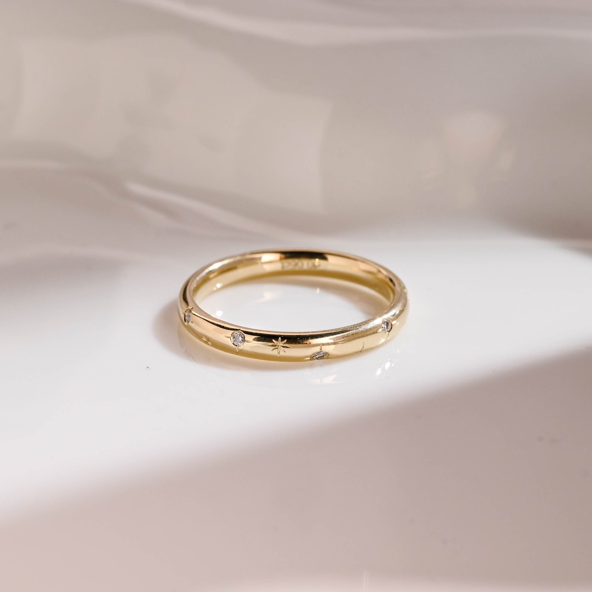 Solid Gold Star Engraved Round Cut Moissanite Wedding Band