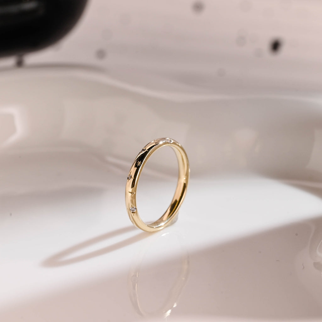 Solid Gold Star Engraved Round Cut Moissanite Wedding Band