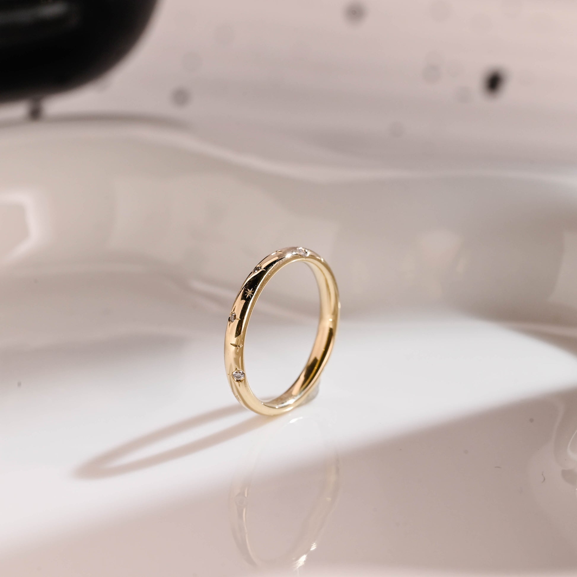 Solid Gold Star Engraved Round Cut Moissanite Wedding Band
