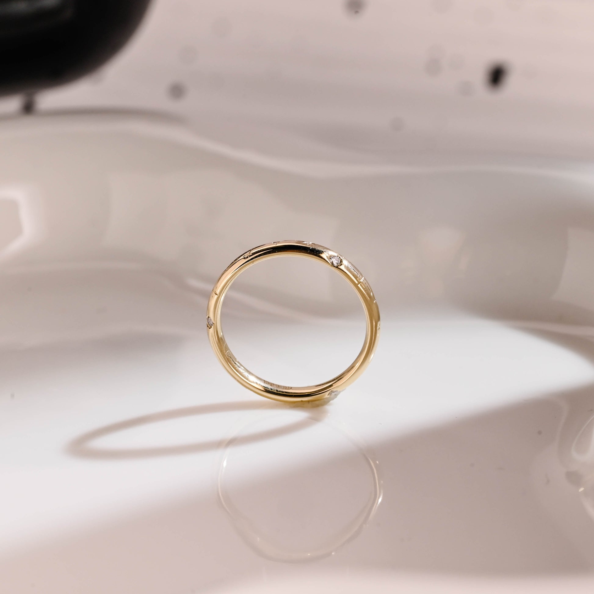 Solid Gold Star Engraved Round Cut Moissanite Wedding Band
