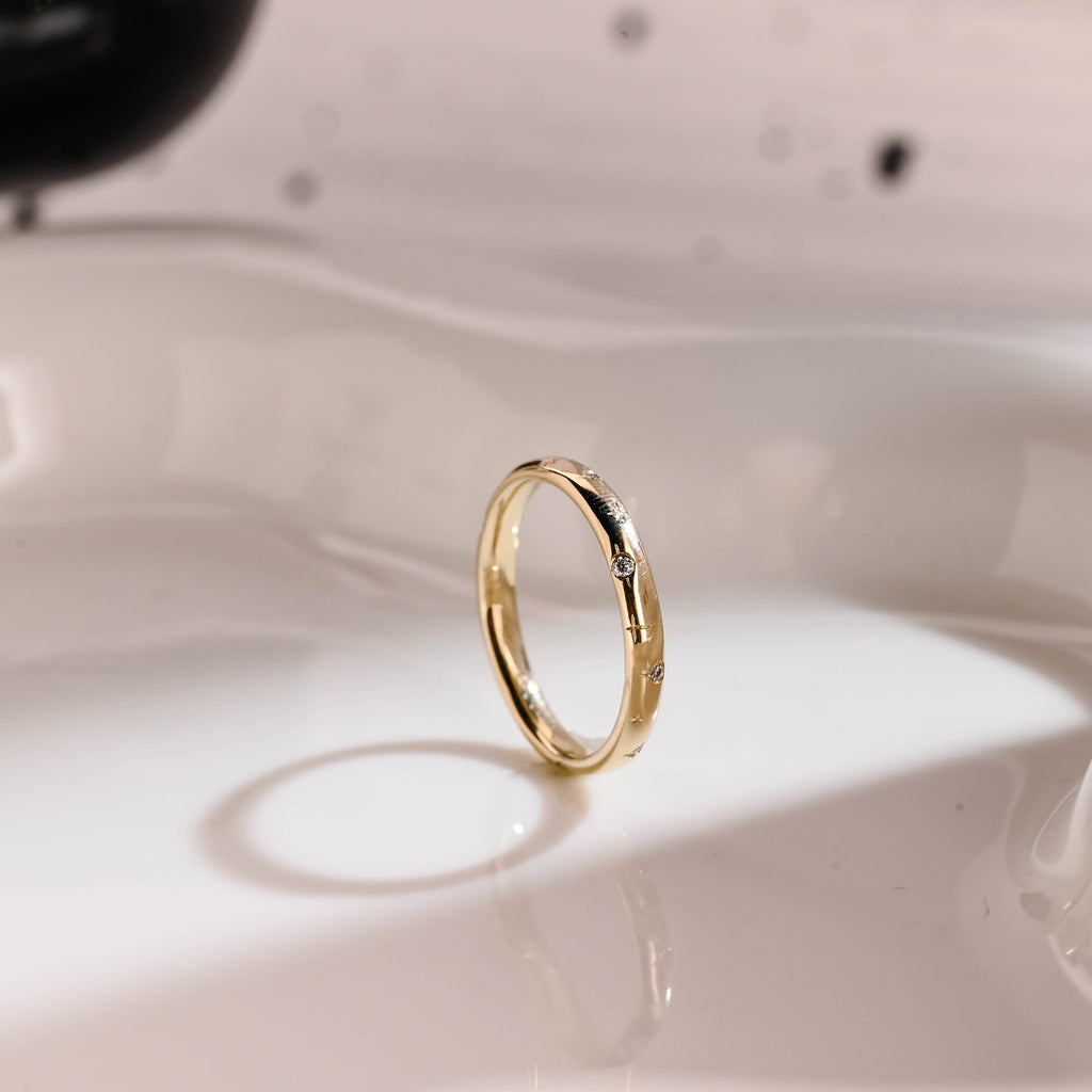 Solid Gold Star Engraved Round Cut Moissanite Wedding Band