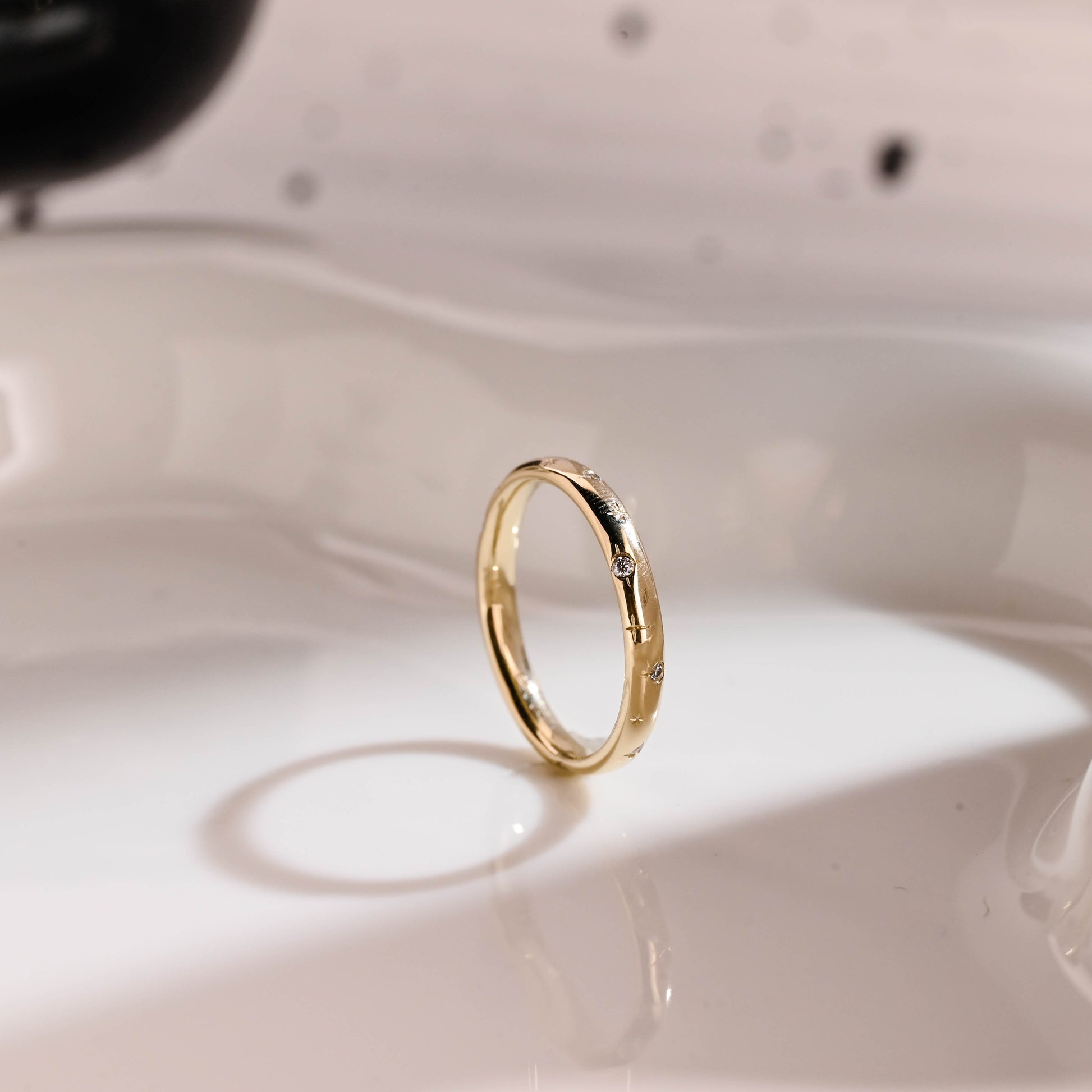 Solid Gold Star Engraved Round Cut Moissanite Wedding Band