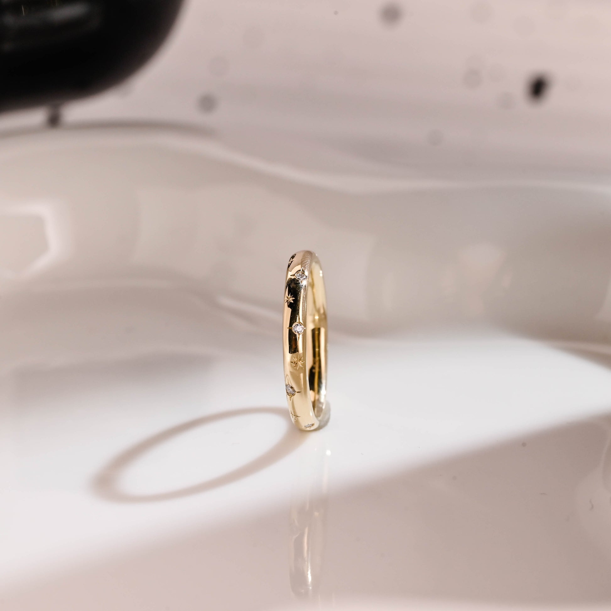 Solid Gold Star Engraved Round Cut Moissanite Wedding Band