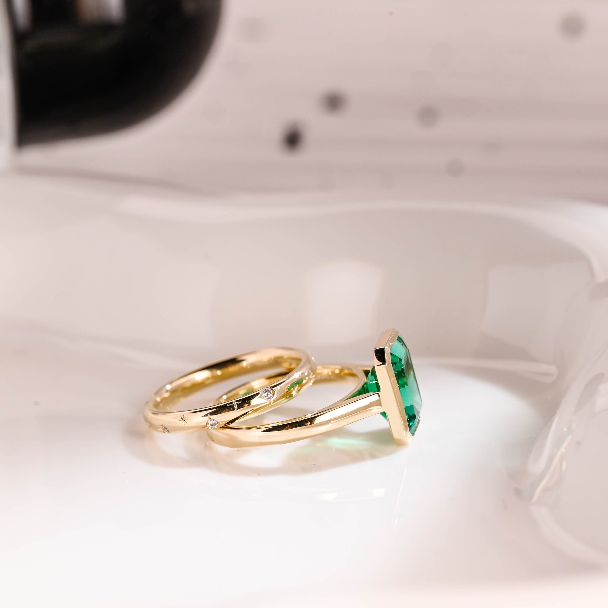 Solid Gold Solitaire Lab Grown Emerald Wedding Ring Set