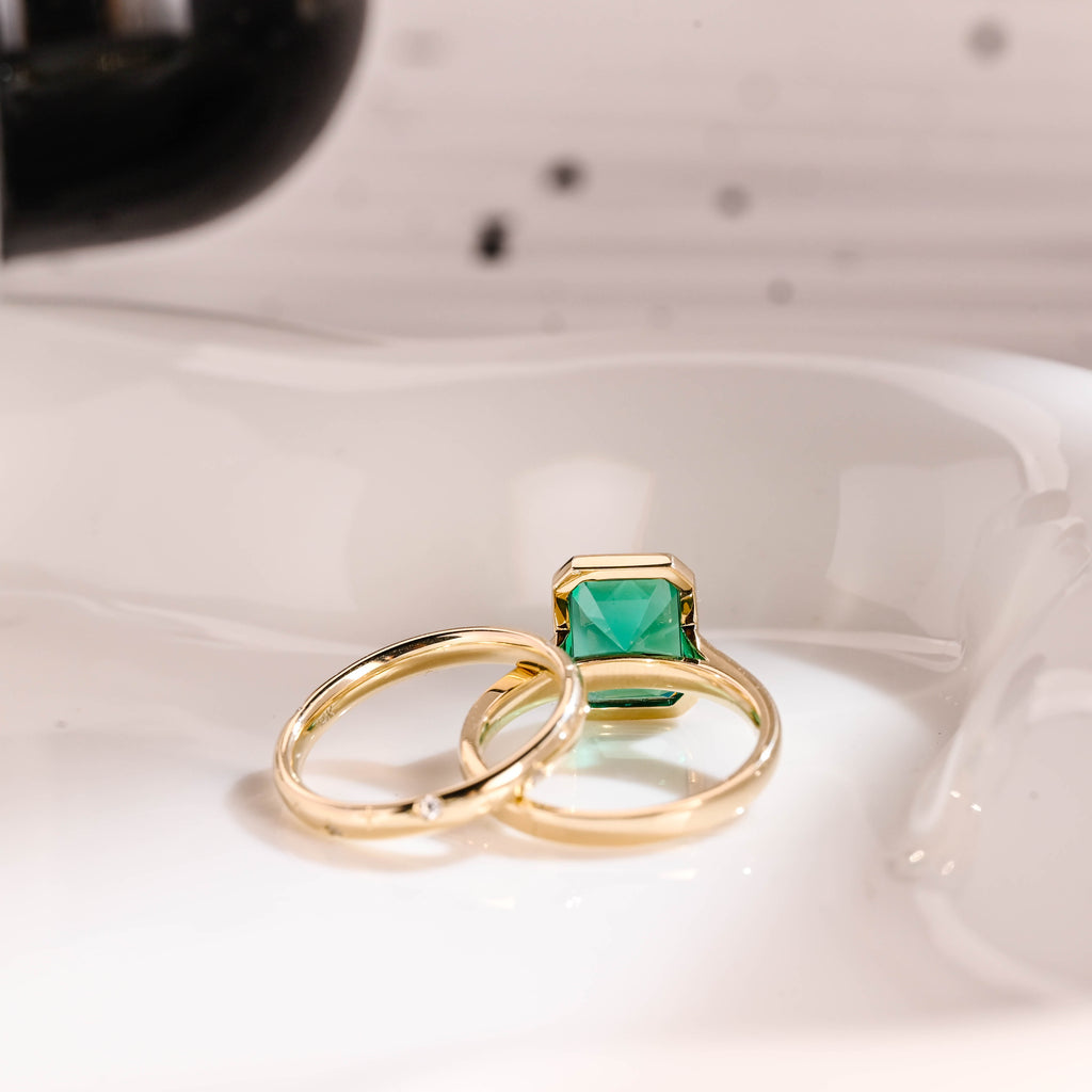 Solid Gold Solitaire Lab Grown Emerald Wedding Ring Set