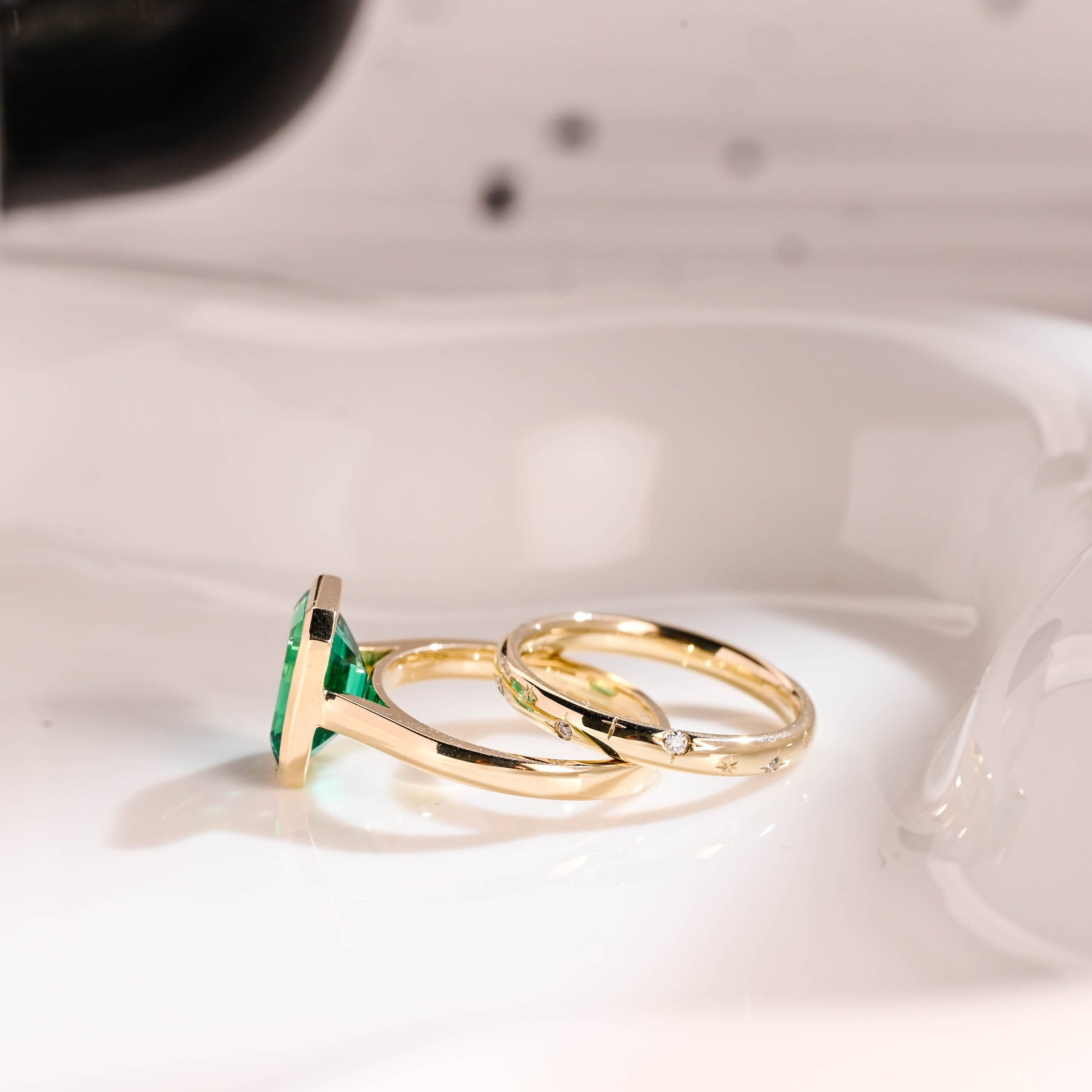 Solid Gold Solitaire Lab Grown Emerald Wedding Ring Set