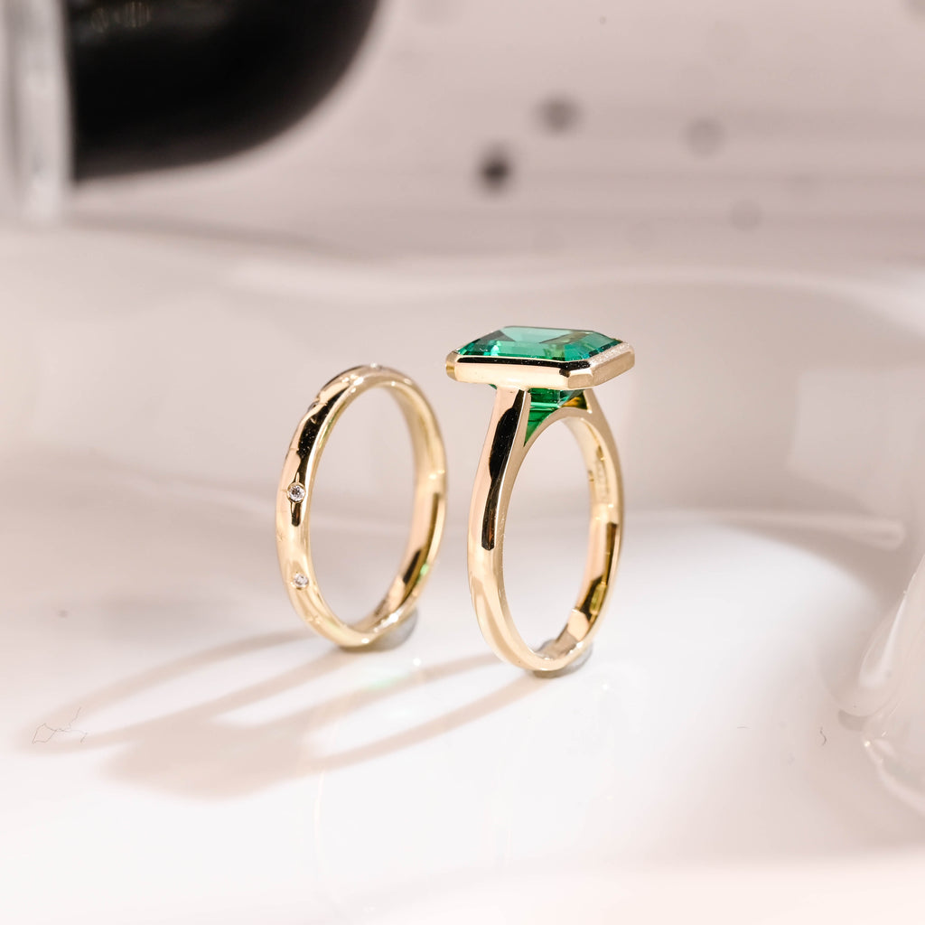 Solid Gold Solitaire Lab Grown Emerald Wedding Ring Set
