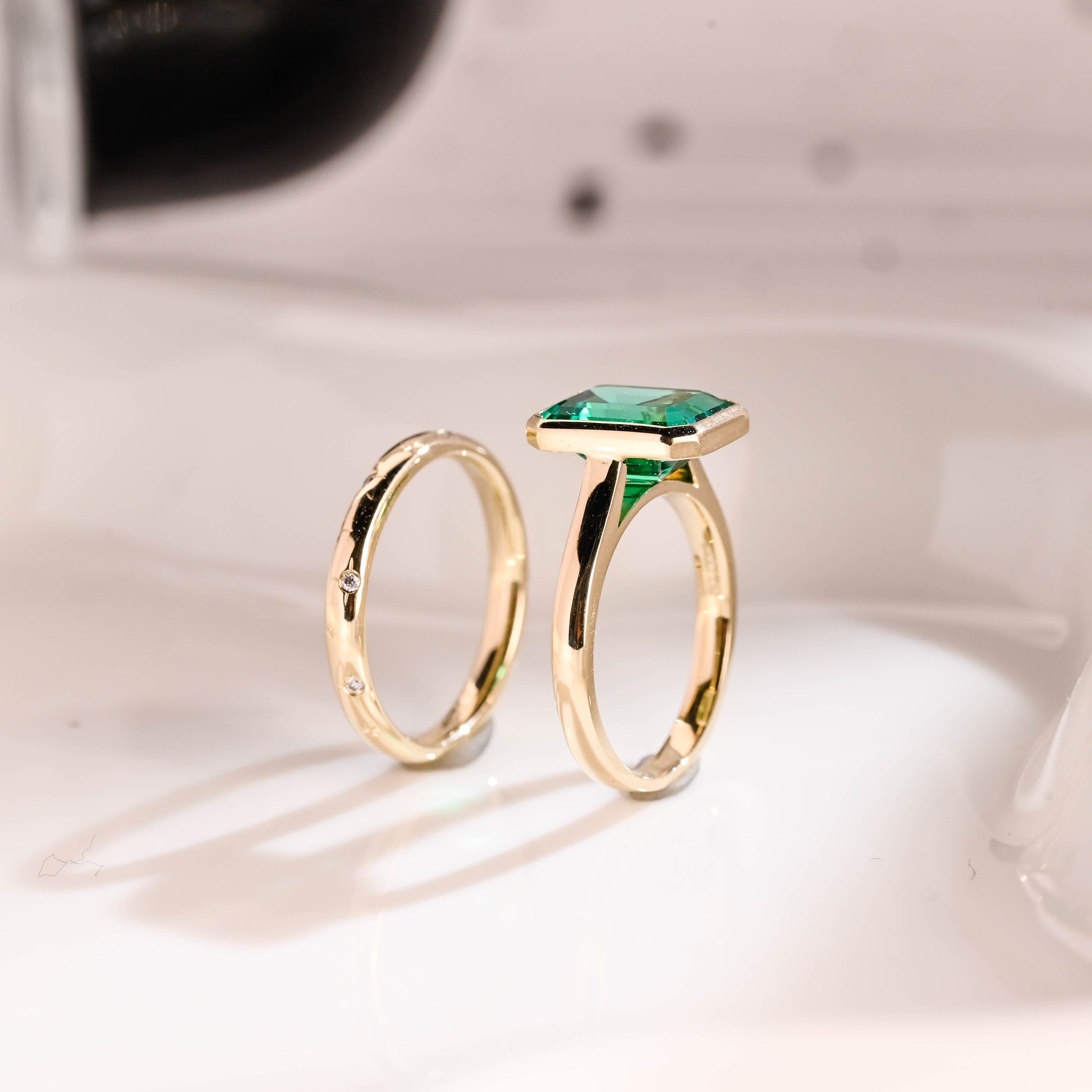 Solid Gold Solitaire Lab Grown Emerald Wedding Ring Set