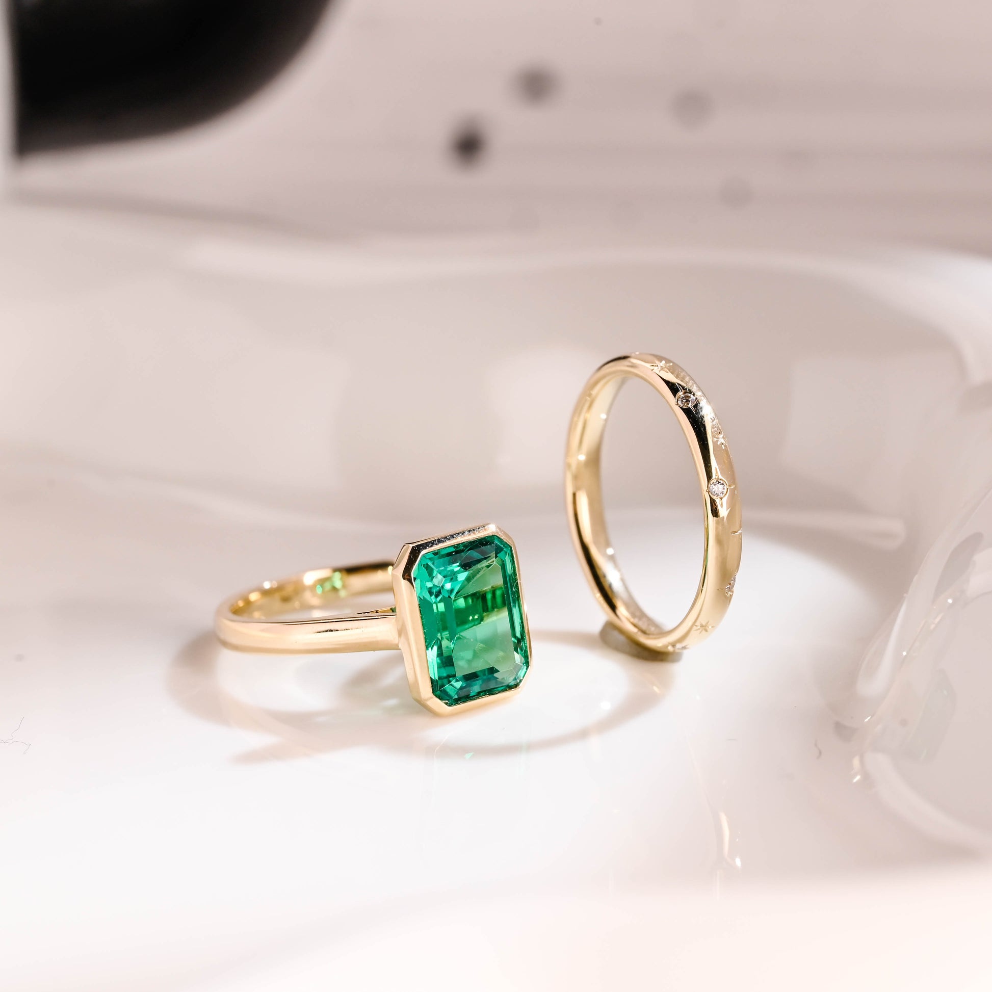 Solid Gold Solitaire Lab Grown Emerald Wedding Ring Set