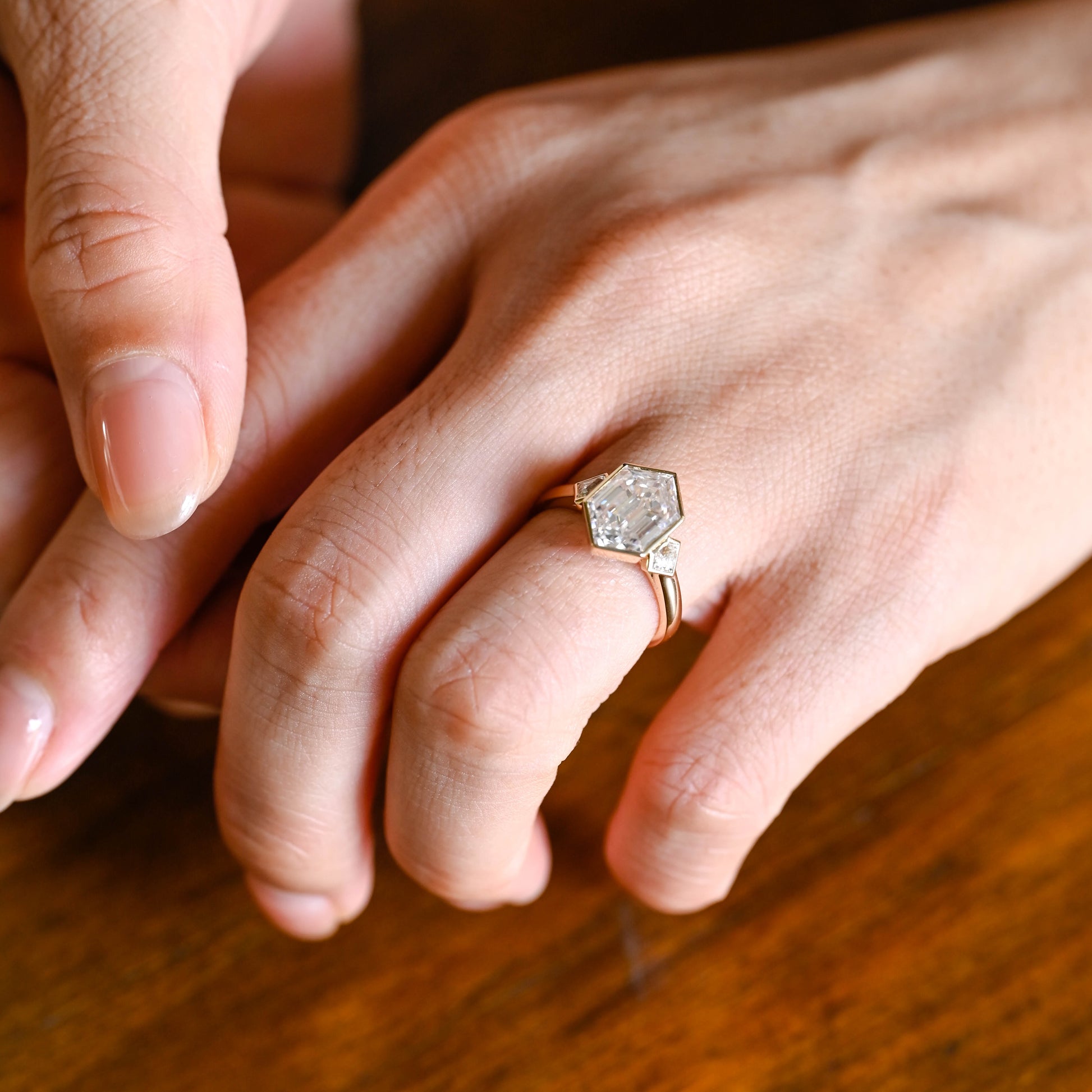 Solid Gold Three Stone Hexagon Cut Moissanite Engagement Ring