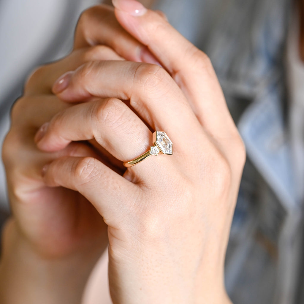 Solid Gold Three Stone Hexagon Cut Moissanite Engagement Ring