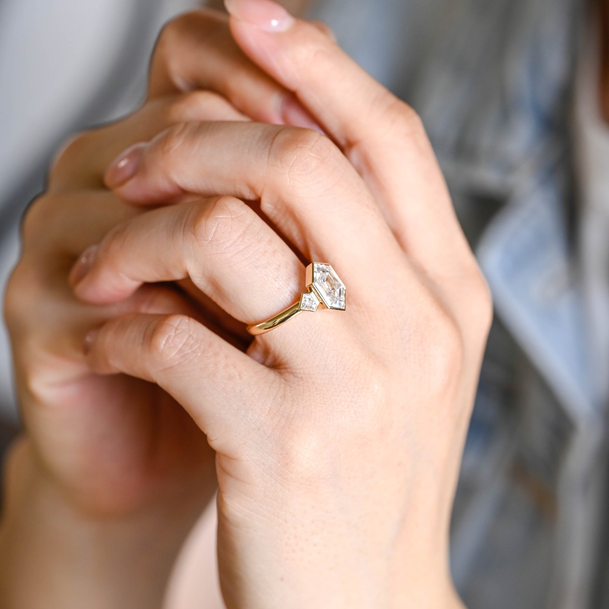 Solid Gold Three Stone Hexagon Cut Moissanite Engagement Ring