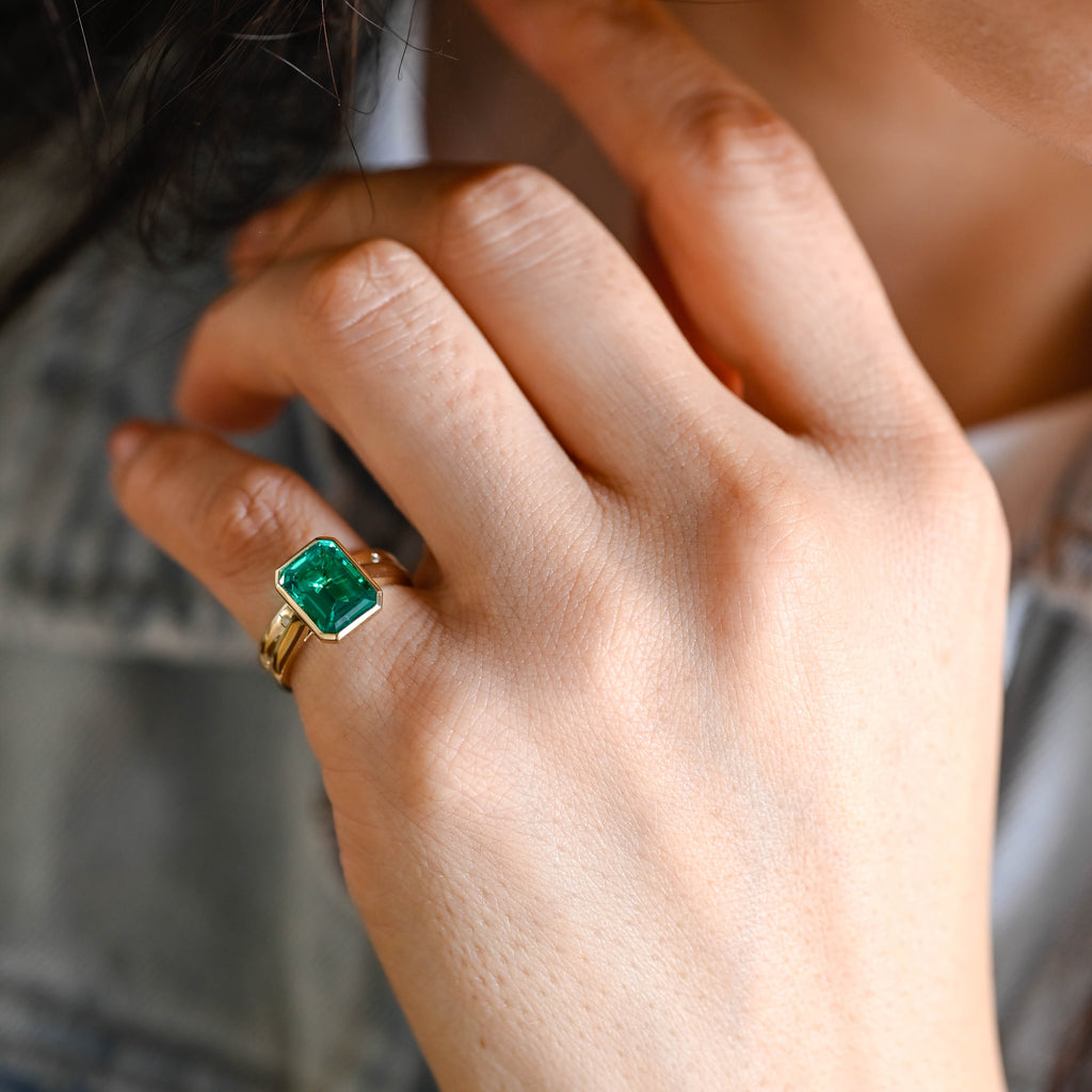 Solid Gold Solitaire Lab Grown Emerald Wedding Ring Set