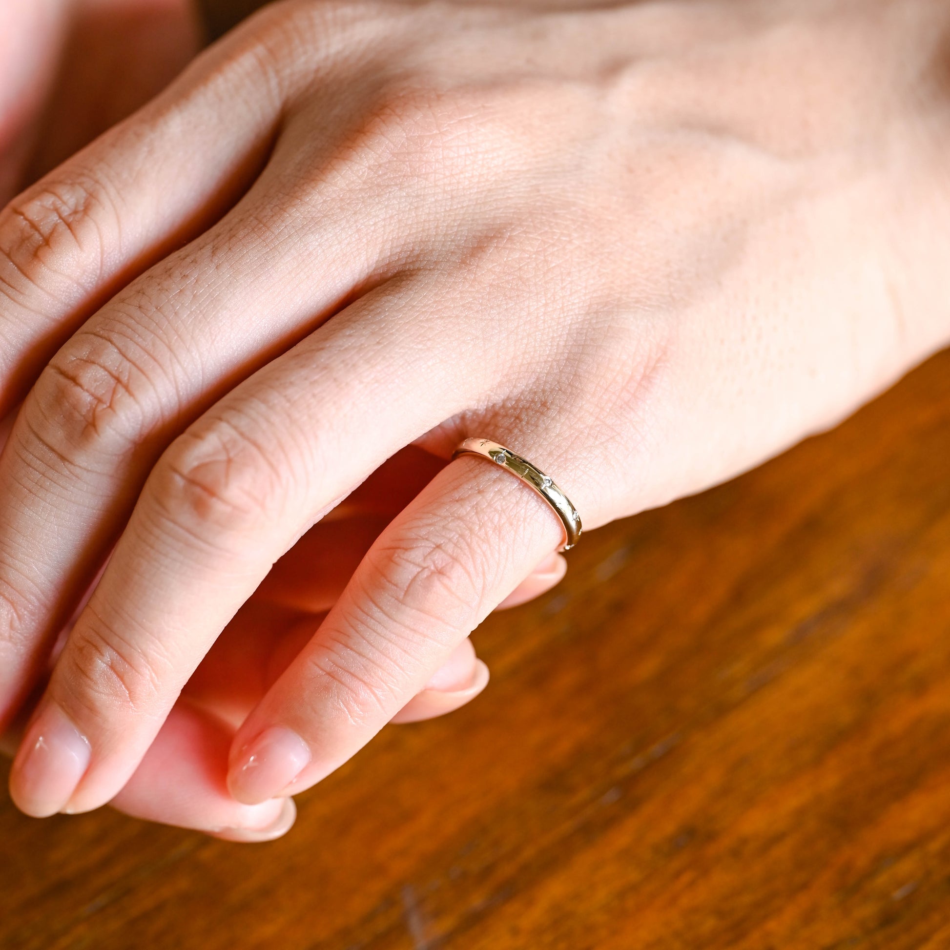 Solid Gold Star Engraved Round Cut Moissanite Wedding Band