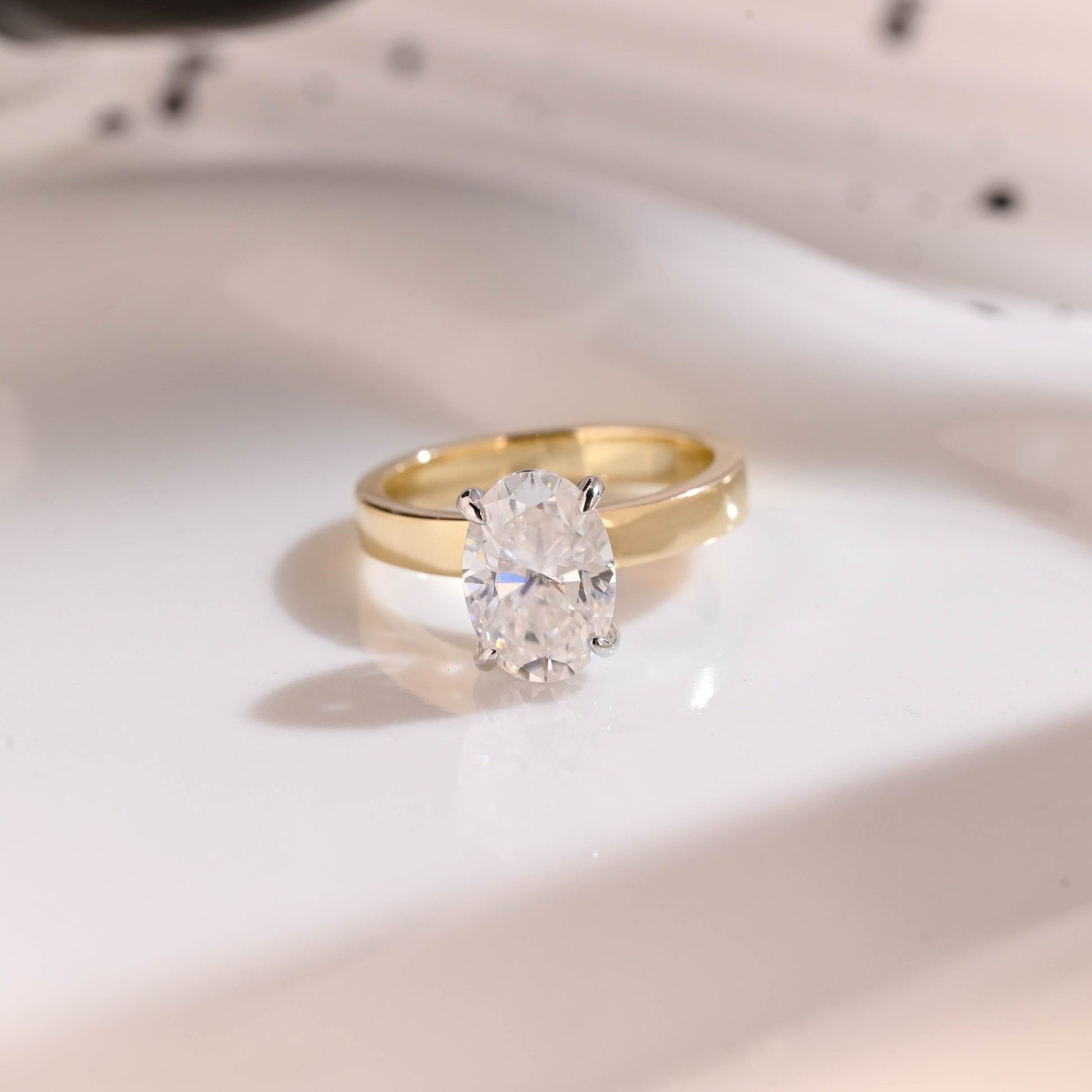 Solid Gold 3mm Width Two Tone Solitaire Oval Cut Moissanite Engagement Ring