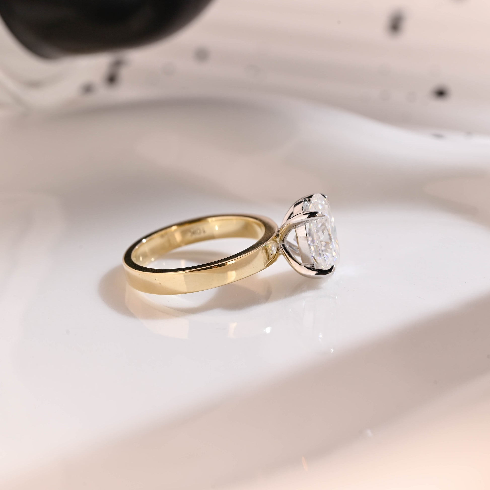 Solid Gold 3mm Width Two Tone Solitaire Oval Cut Moissanite Engagement Ring