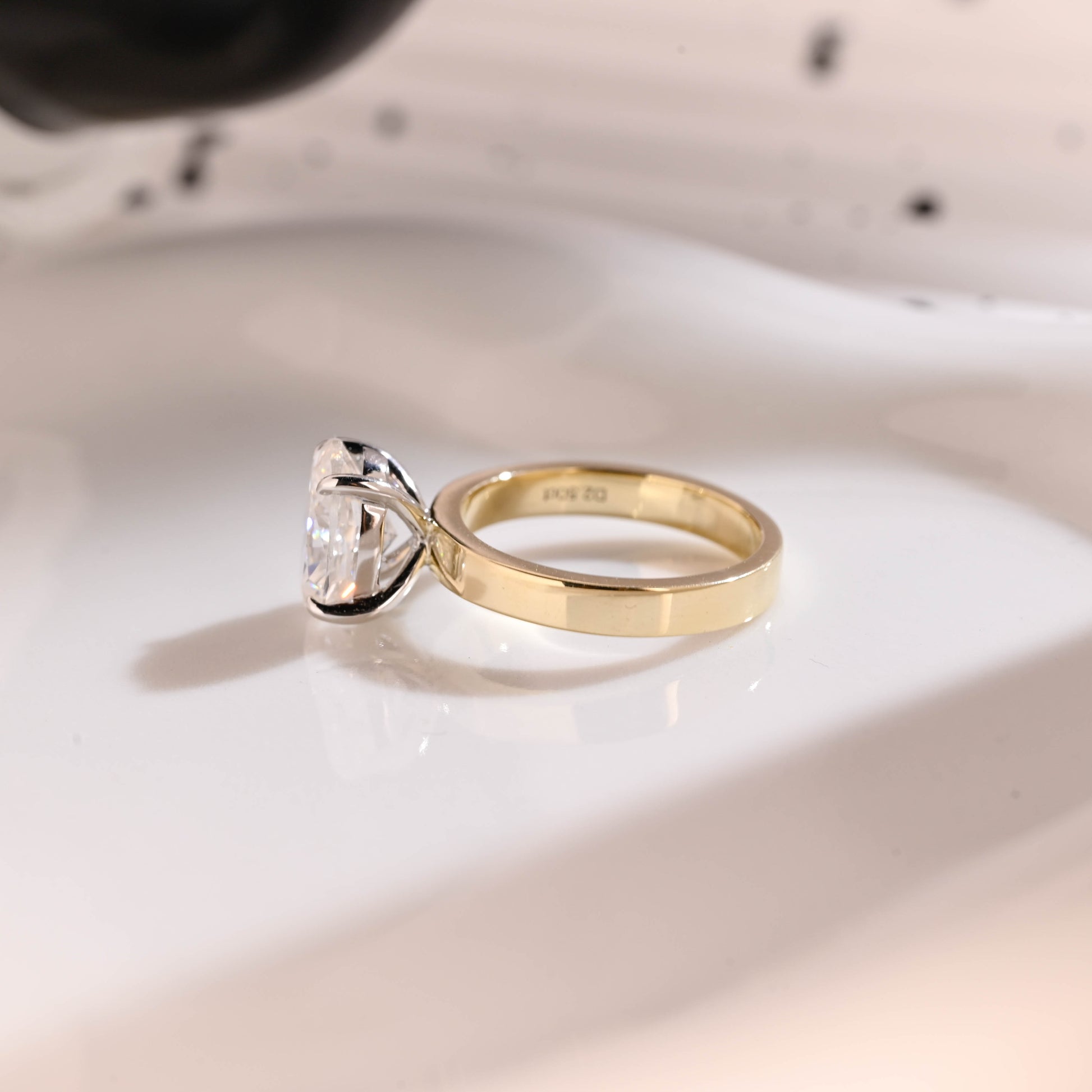 Solid Gold 3mm Width Two Tone Solitaire Oval Cut Moissanite Engagement Ring