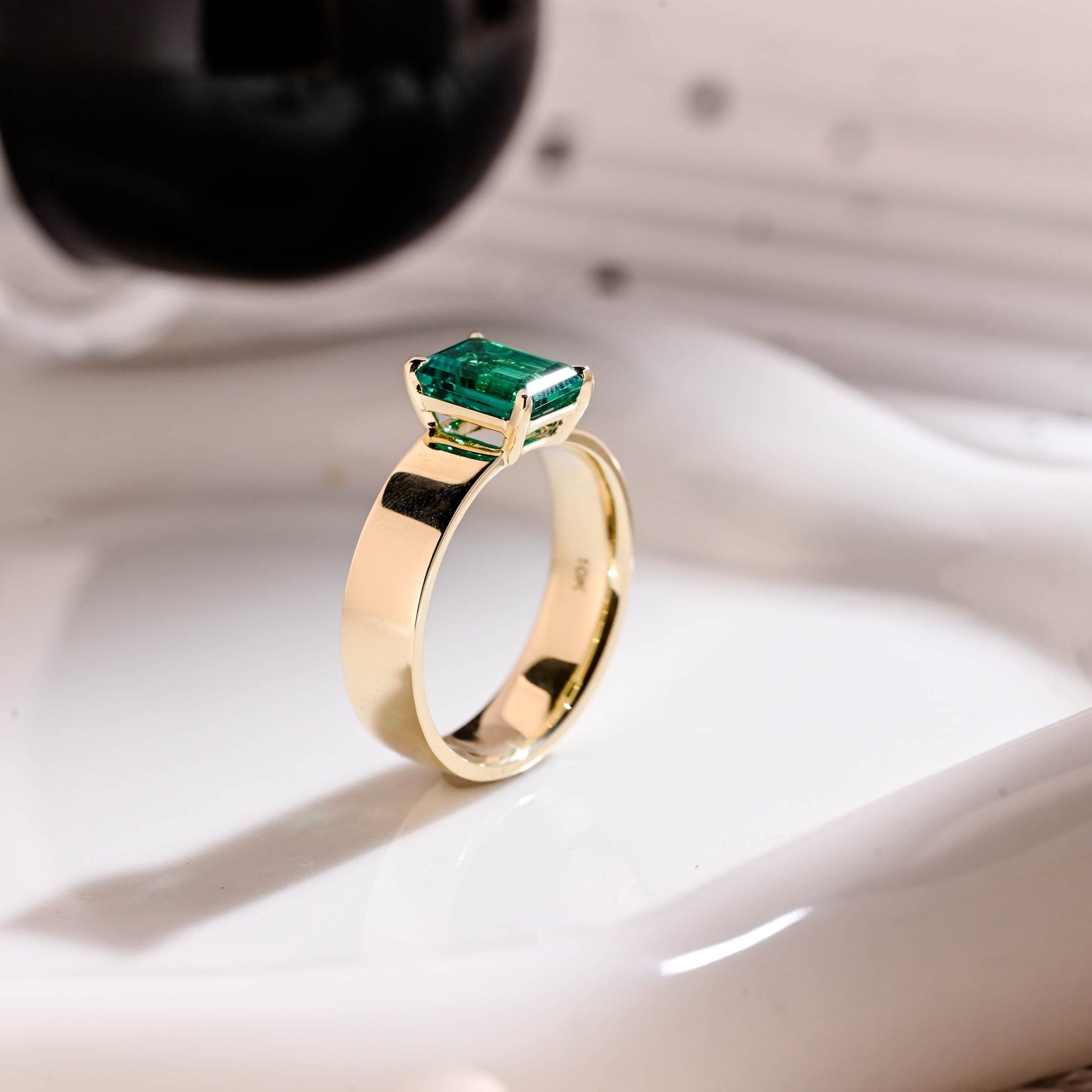 Solid Gold 5mm Width Solitaire Lab Grown Emerald Engagement Ring