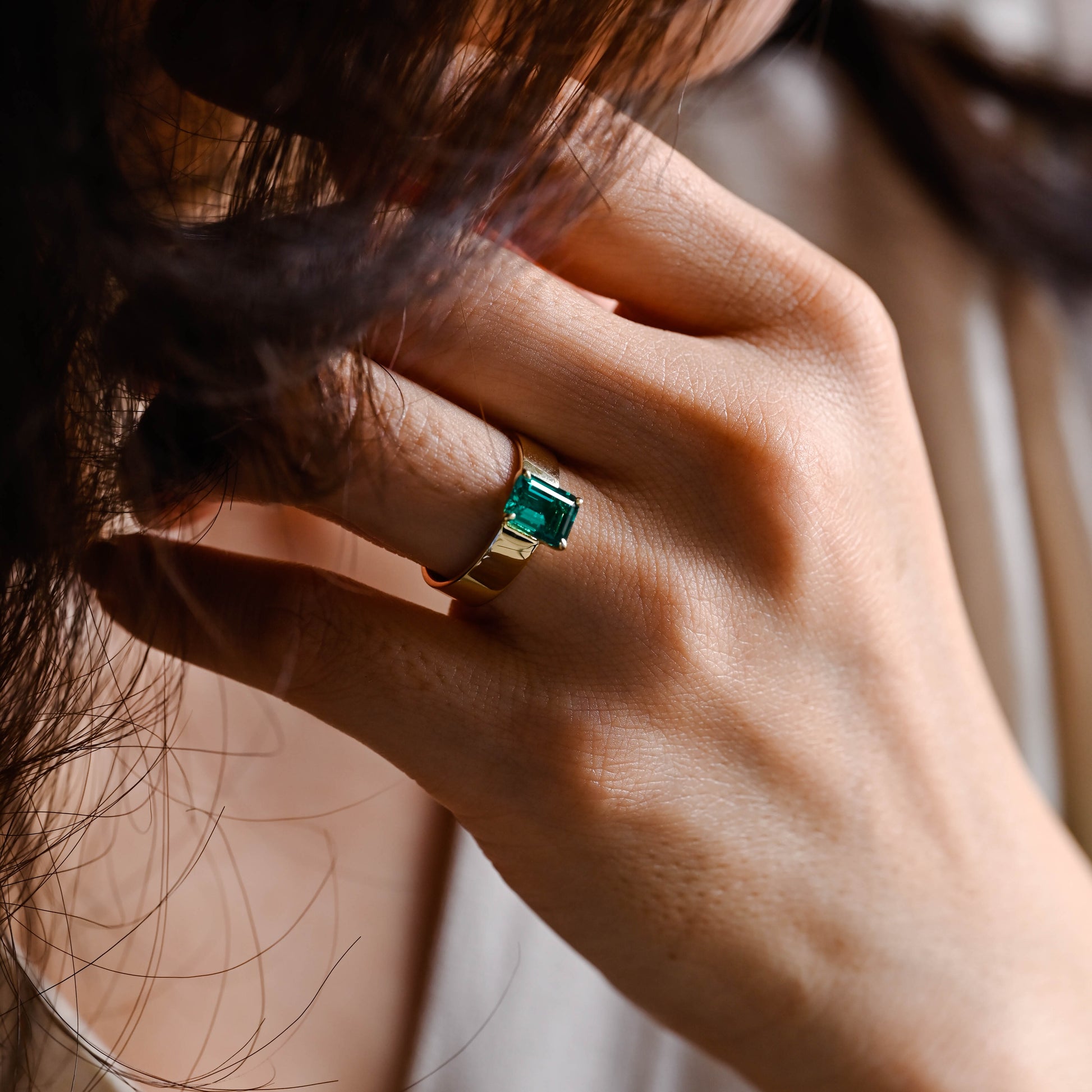 Solid Gold 5mm Width Solitaire Lab Grown Emerald Engagement Ring