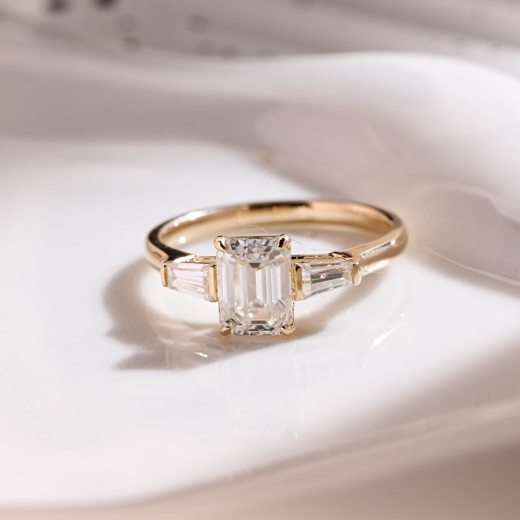 Solid Gold Three Stone Emerald Cut Moissanite Engagement Ring