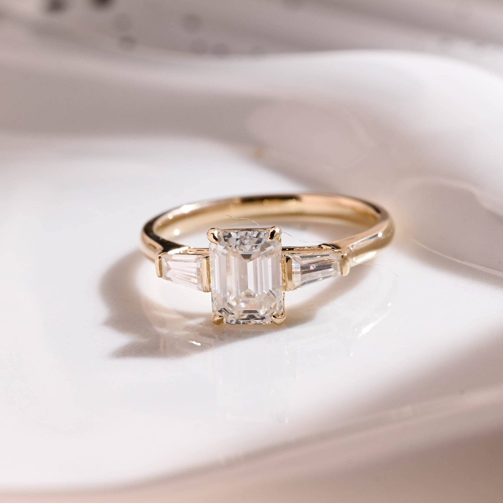 Solid Gold Three Stone Emerald Cut Moissanite Engagement Ring