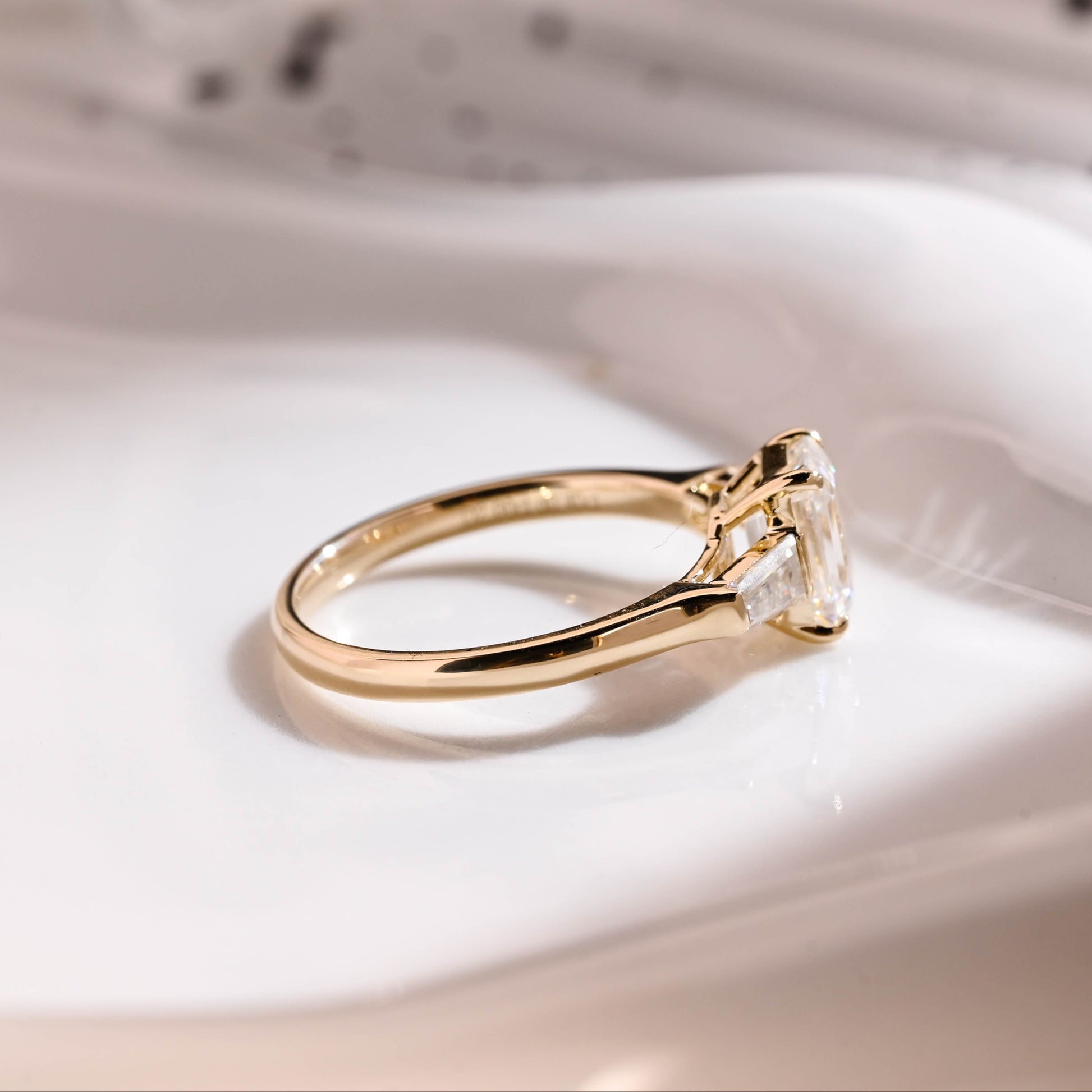 Solid Gold Three Stone Emerald Cut Moissanite Engagement Ring