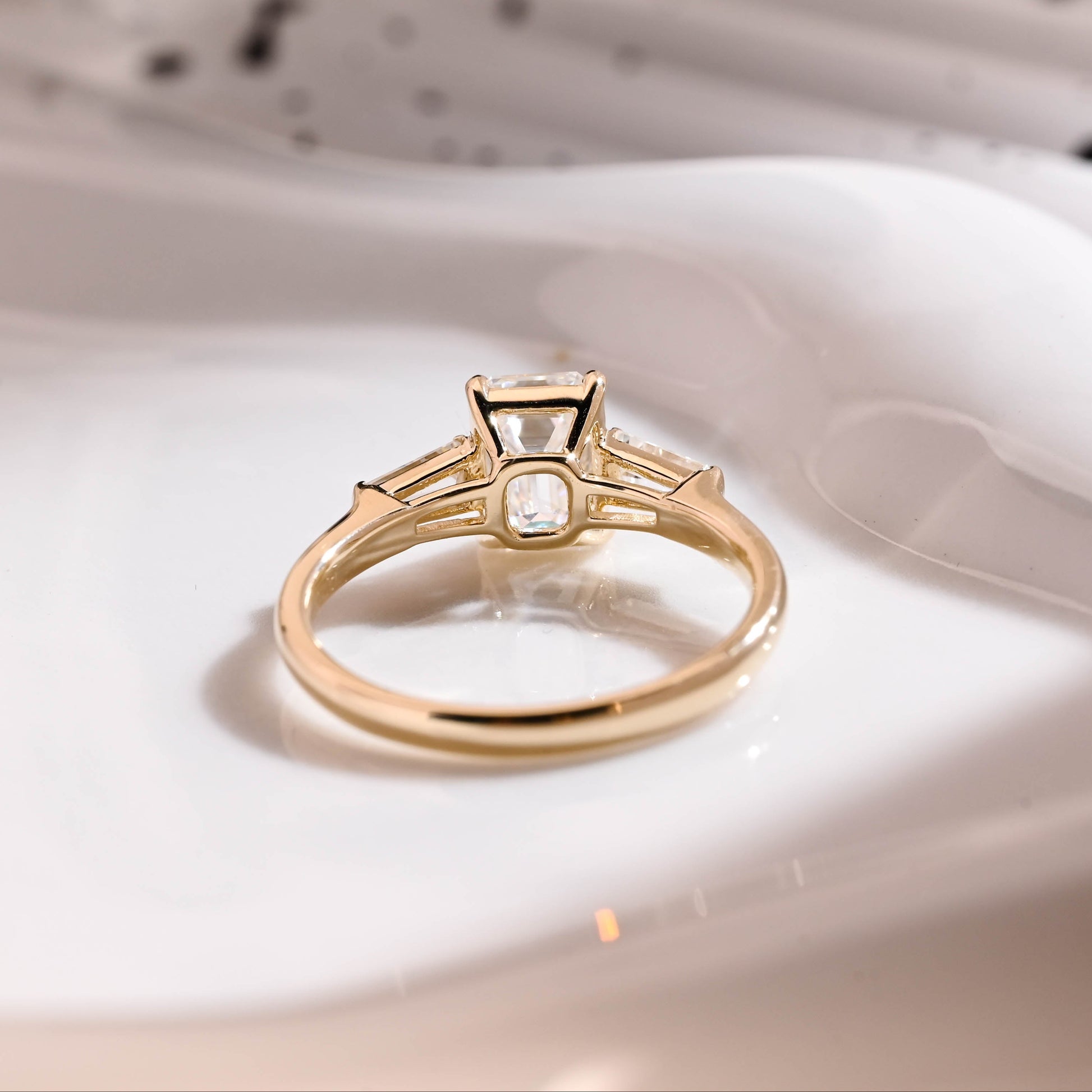 Solid Gold Three Stone Emerald Cut Moissanite Engagement Ring