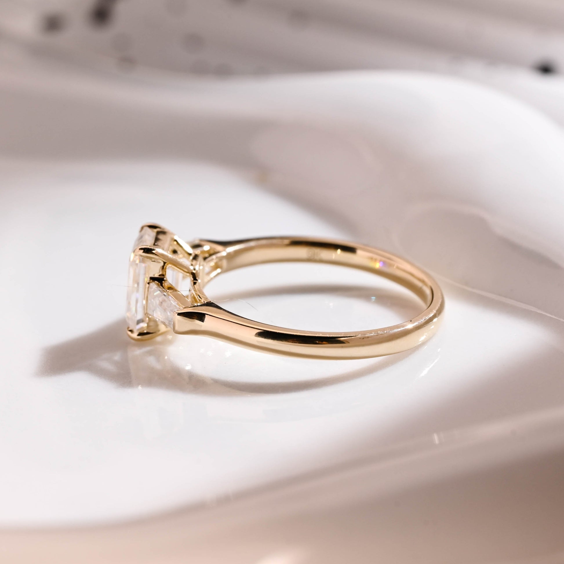 Solid Gold Three Stone Emerald Cut Moissanite Engagement Ring