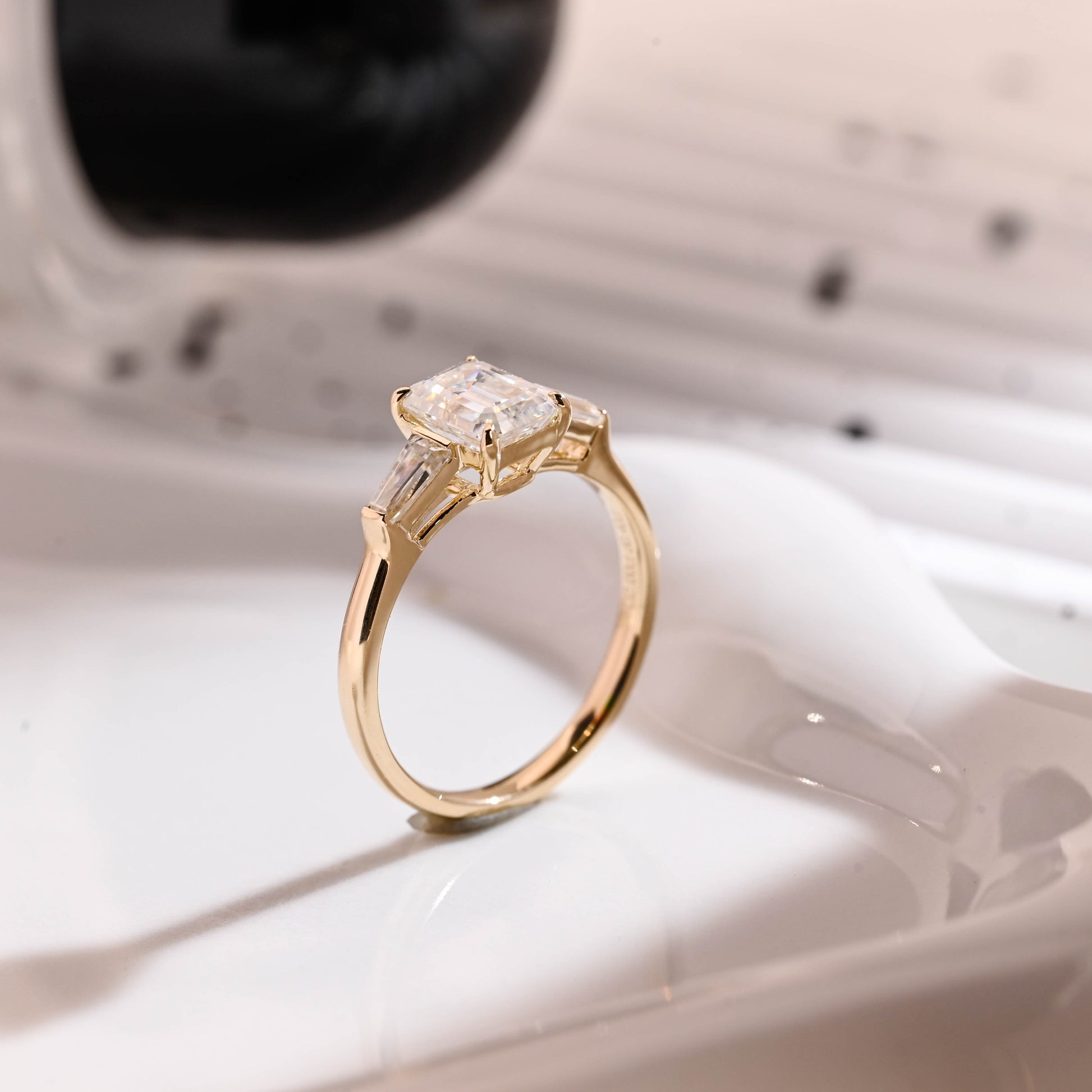 Solid Gold Three Stone Emerald Cut Moissanite Engagement Ring