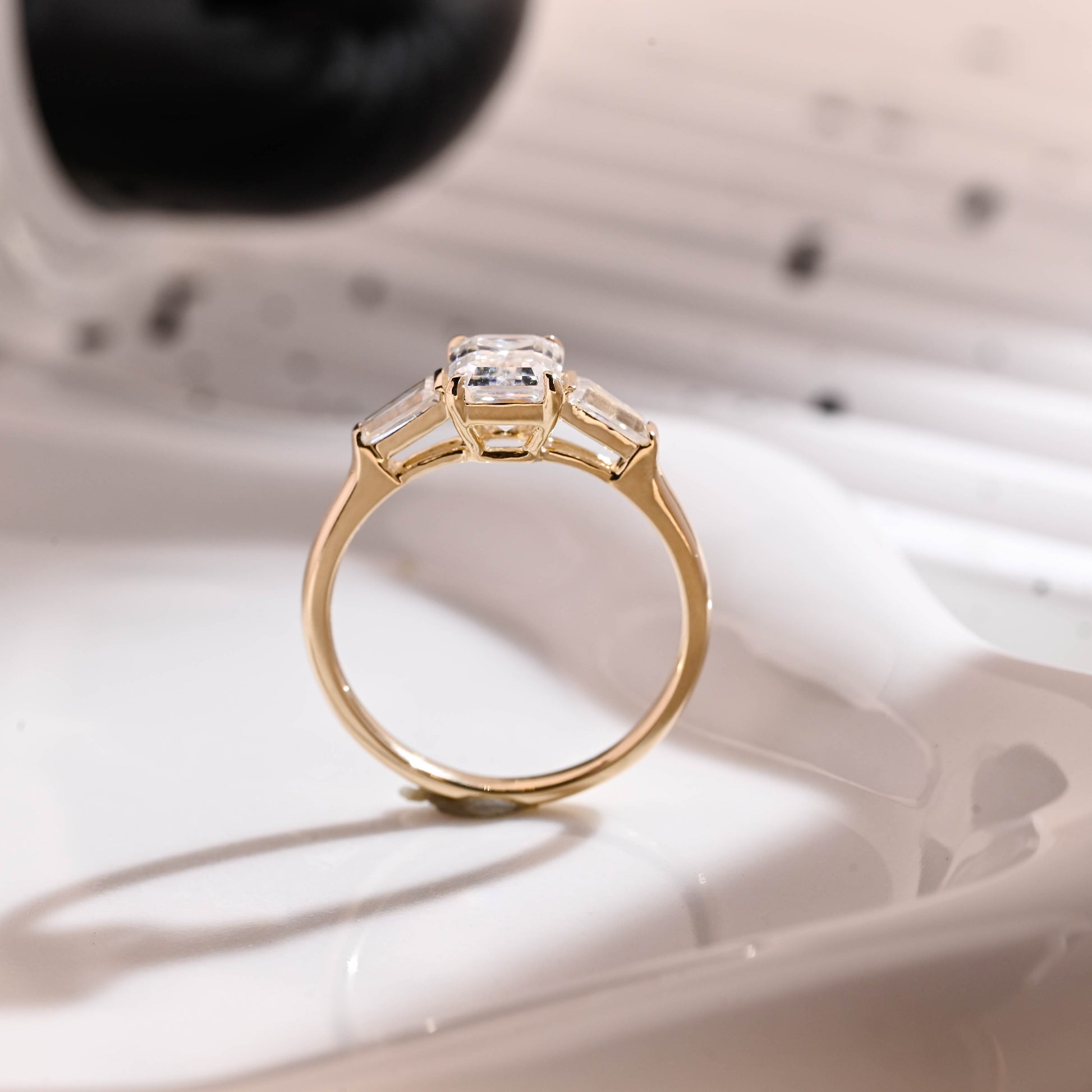 Solid Gold Three Stone Emerald Cut Moissanite Engagement Ring