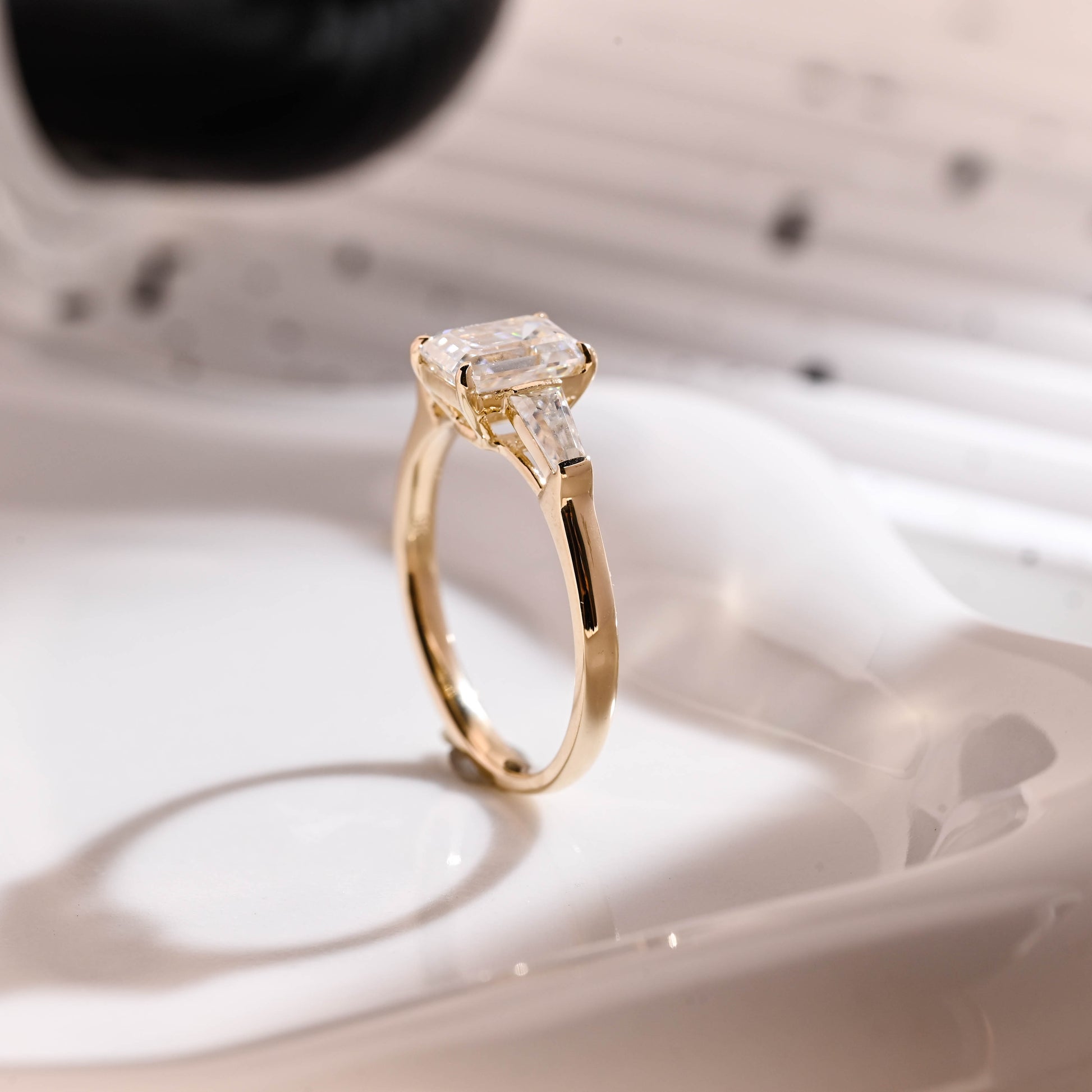 Solid Gold Three Stone Emerald Cut Moissanite Engagement Ring