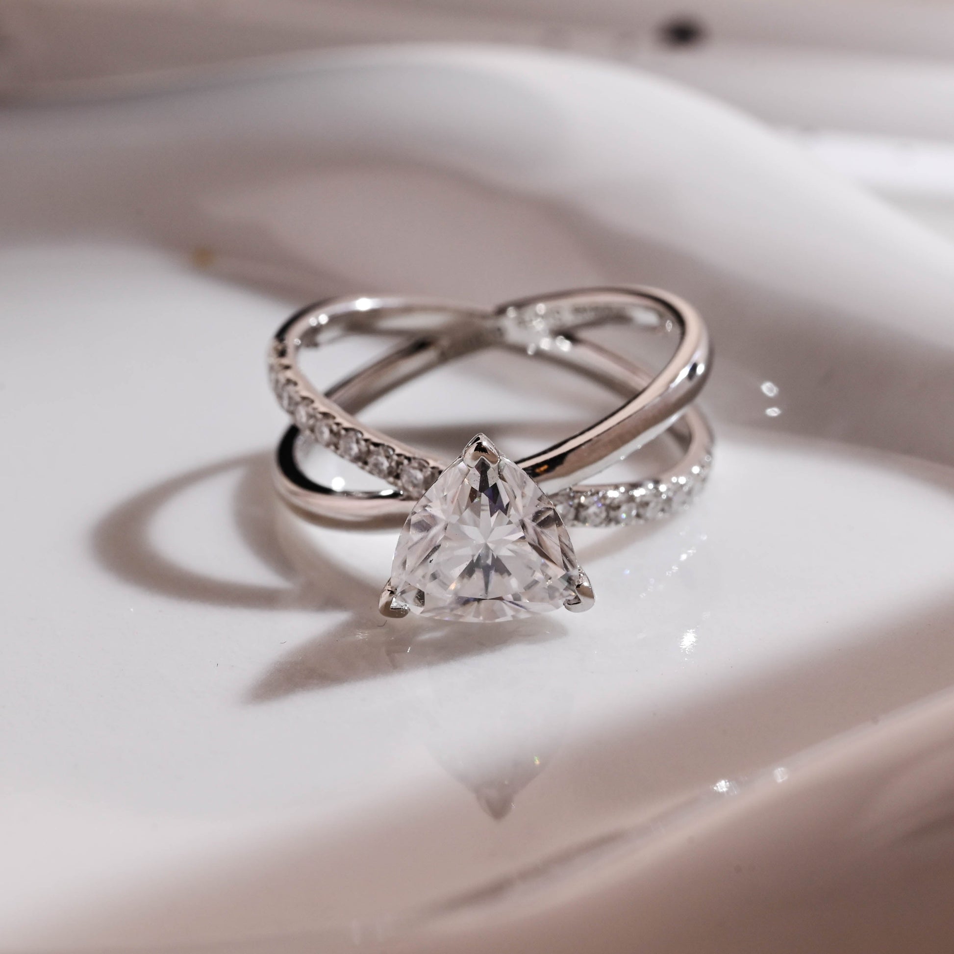 Solid Gold Split Shank Trillion Cut Moissanite Engagement Ring