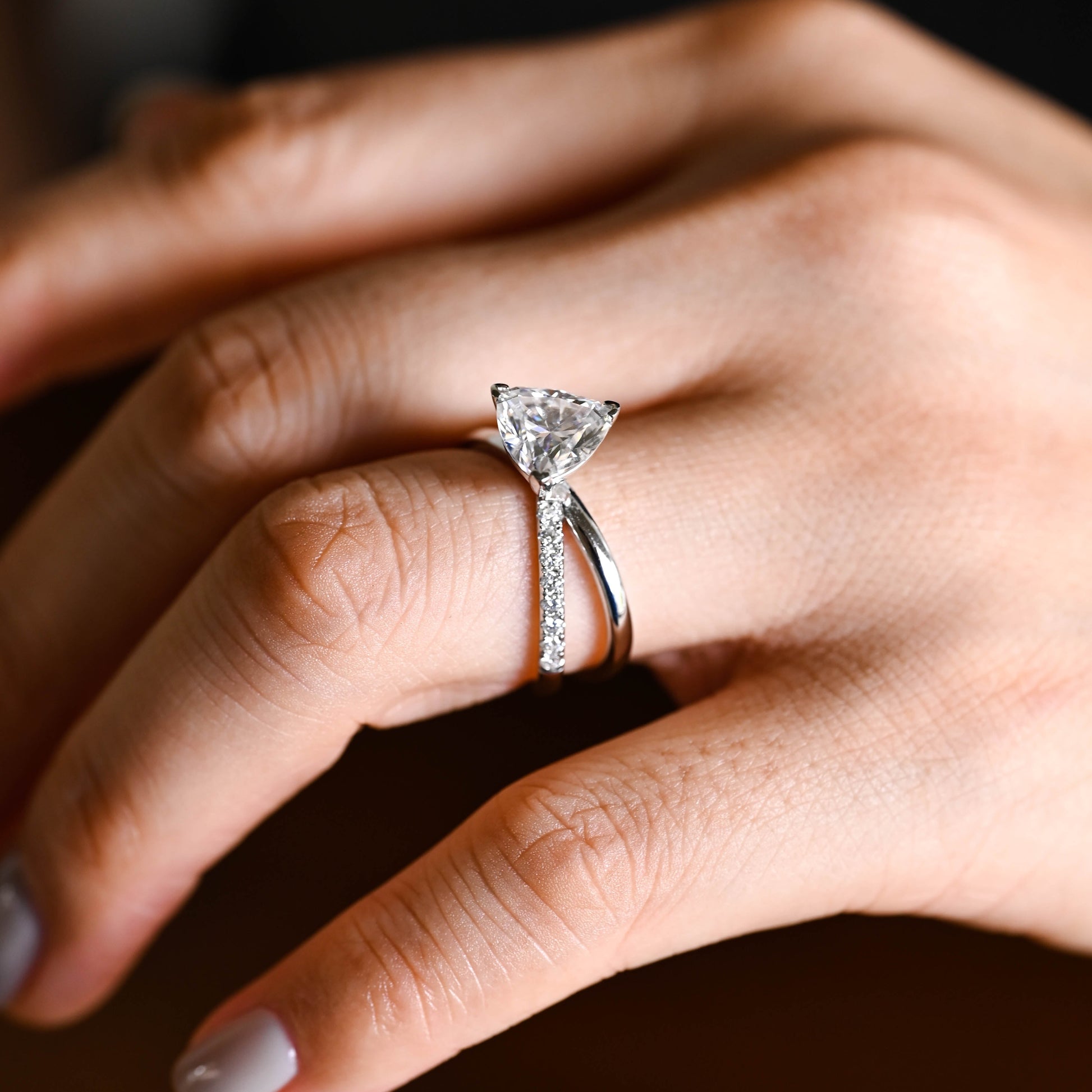Solid Gold Split Shank Trillion Cut Moissanite Engagement Ring