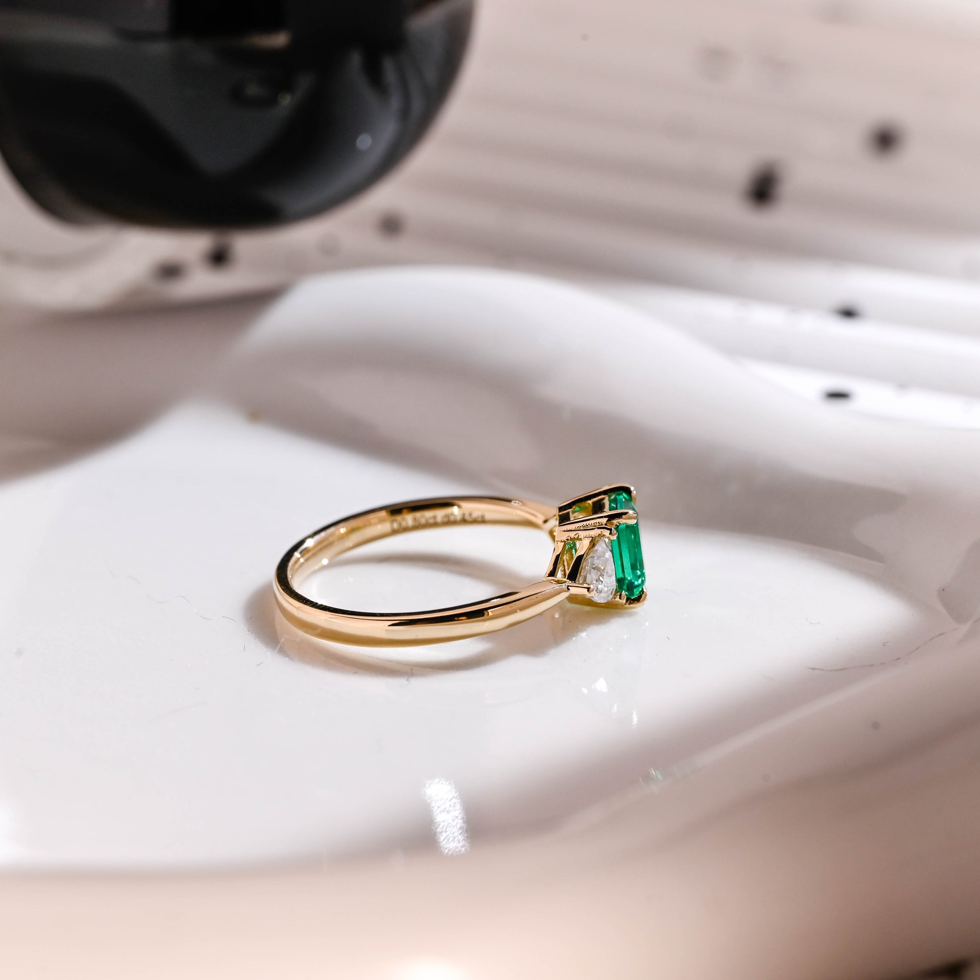 Solid Gold Three Stone Lab Grown Emerald Engagement Ring