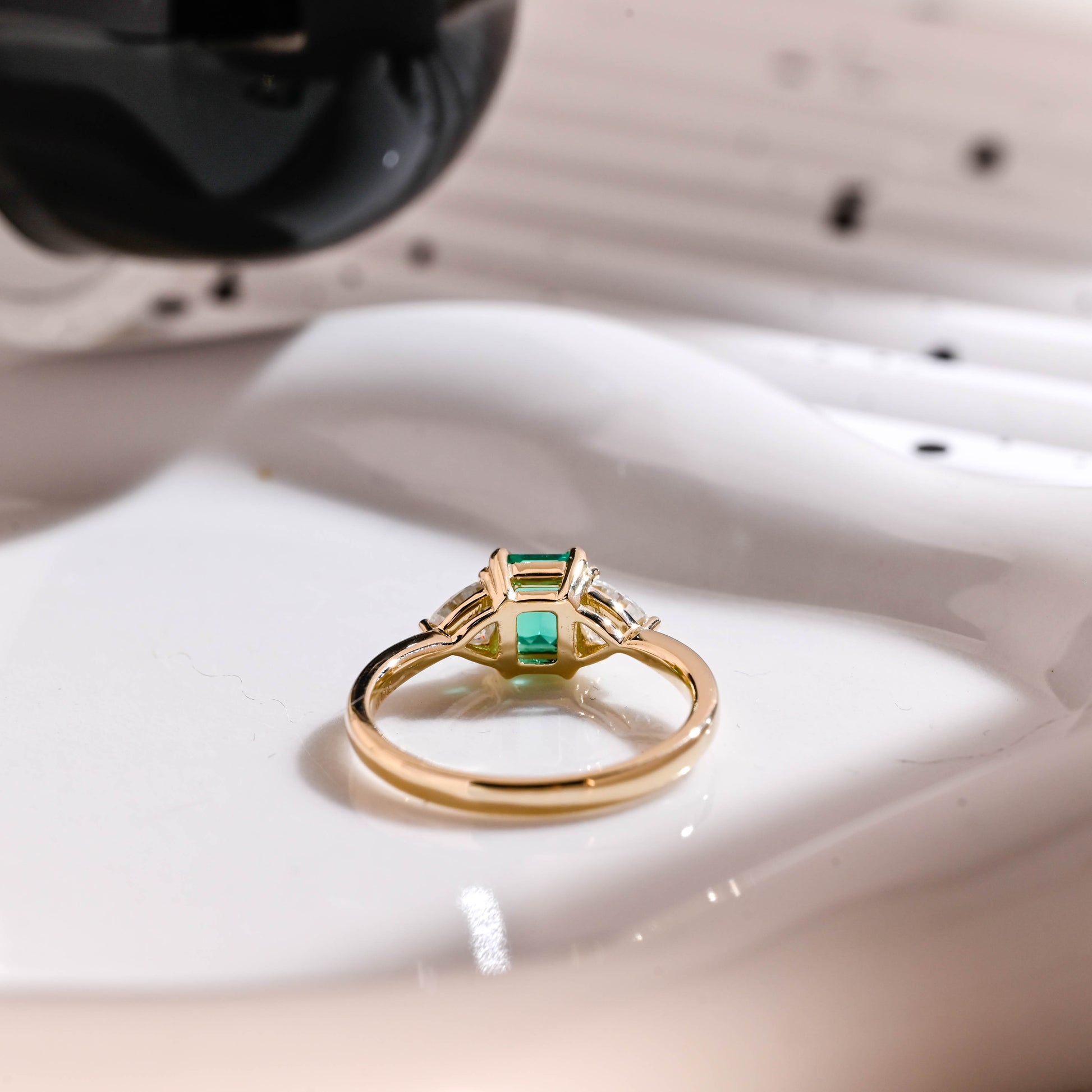 Solid Gold Three Stone Lab Grown Emerald Engagement Ring