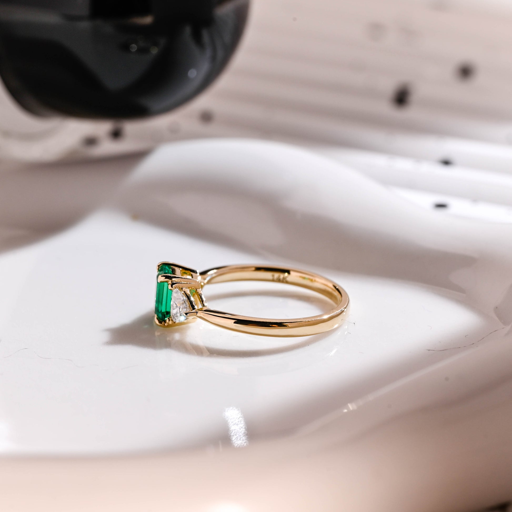 Solid Gold Three Stone Lab Grown Emerald Engagement Ring