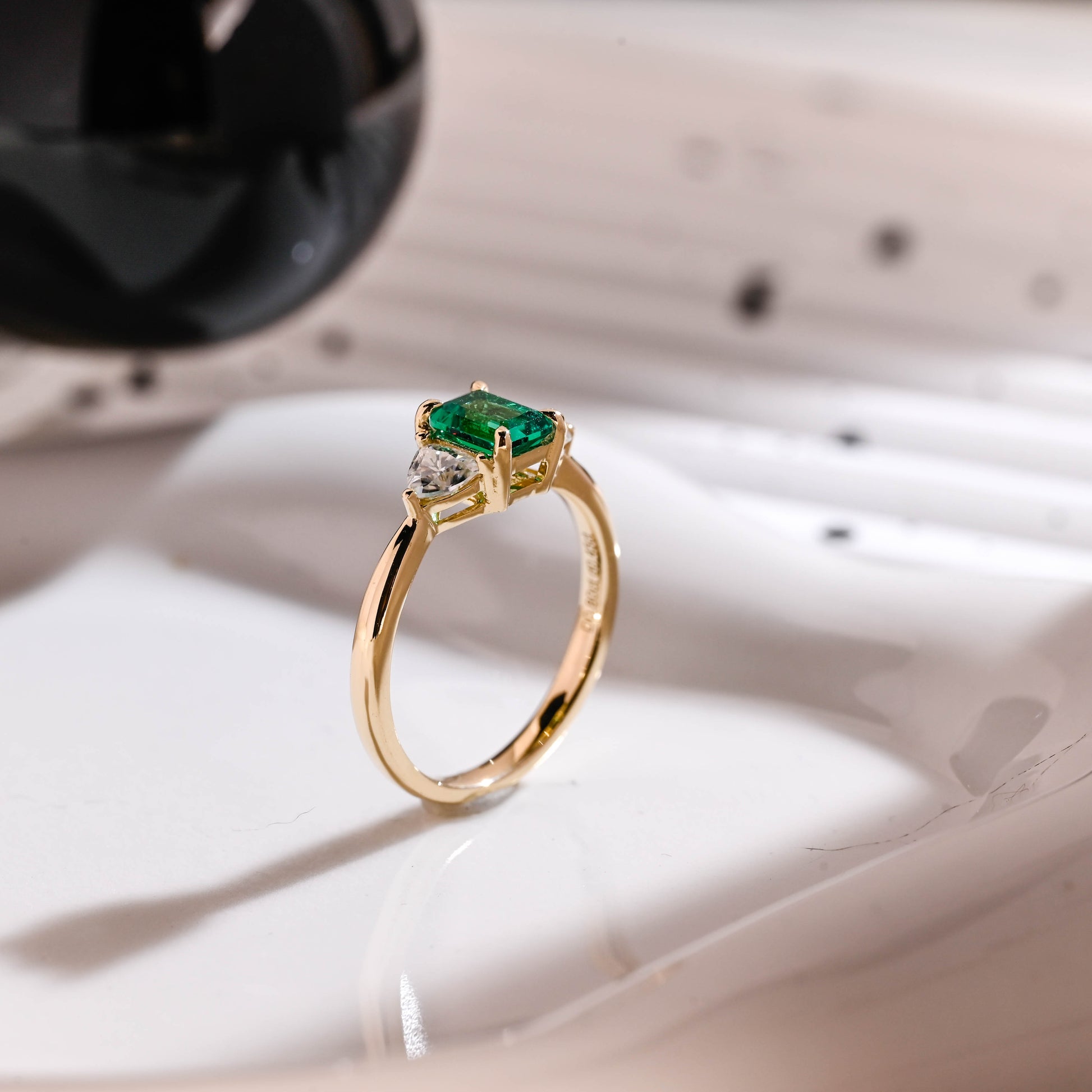 Solid Gold Three Stone Lab Grown Emerald Engagement Ring